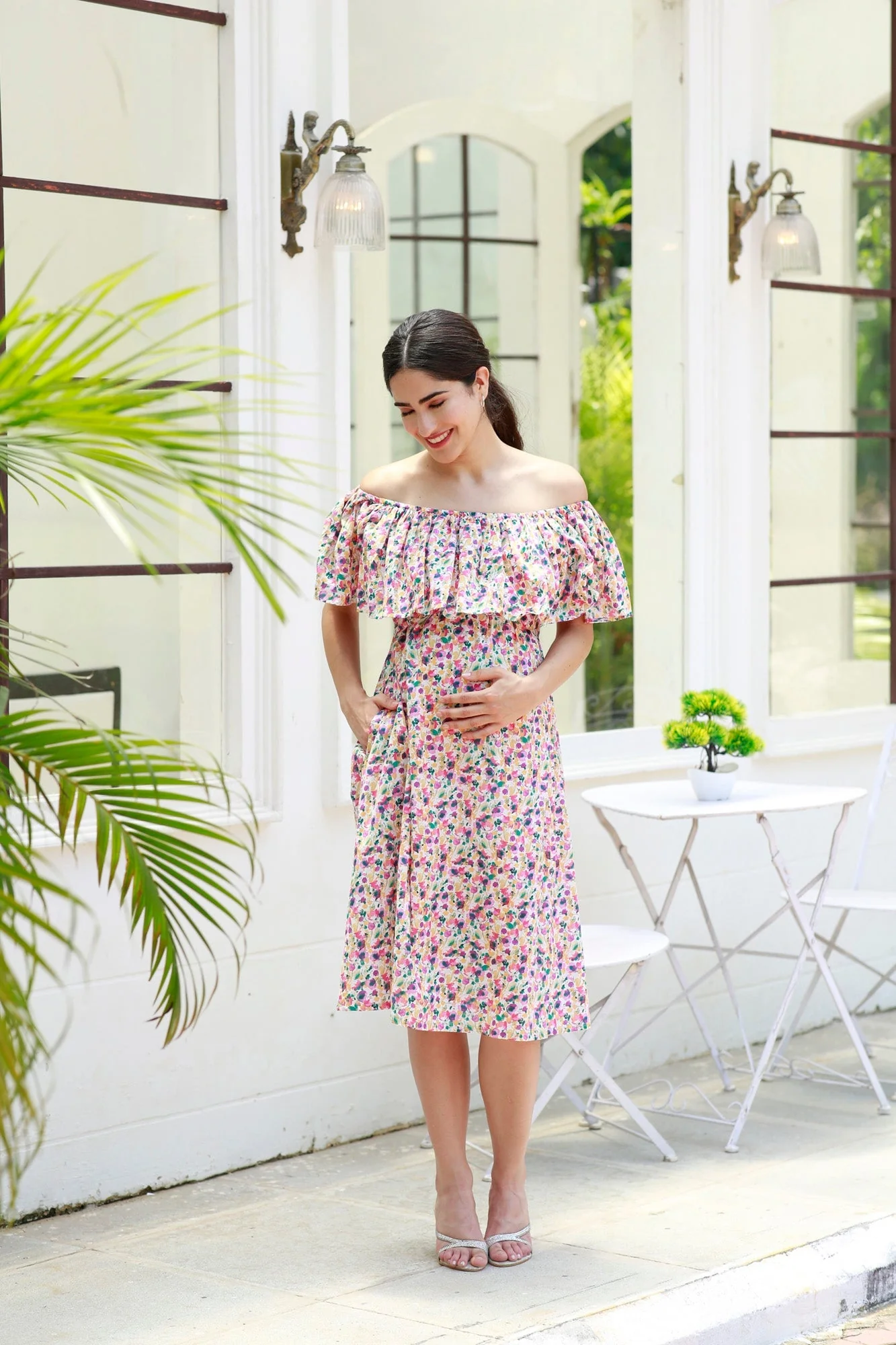 Candy Rosy Pink Off-Shoulder Maternity Frill Dress - Chenance