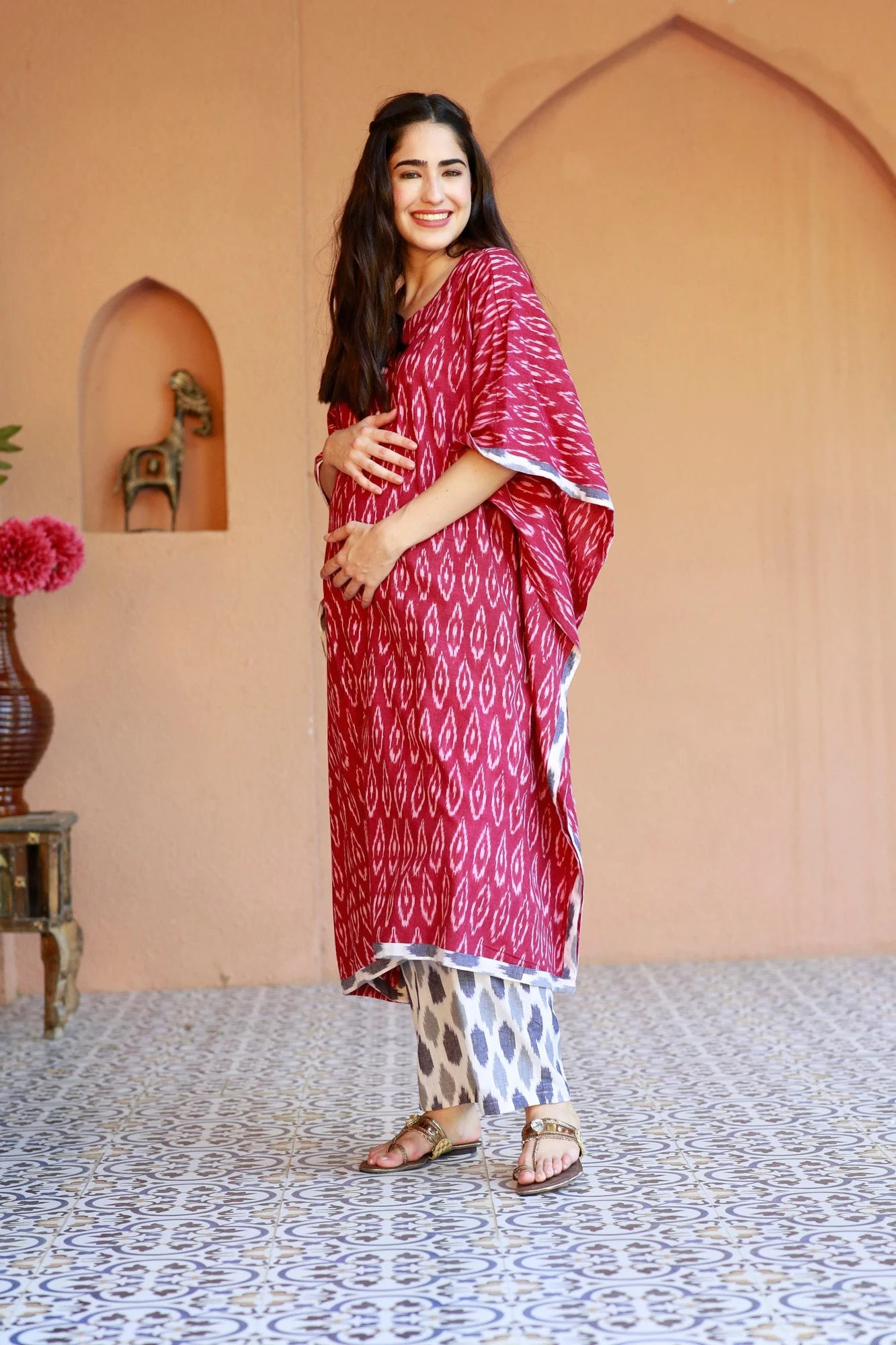 Rouge Ikat Maternity & Nursing Kaftan Set (100% Cotton) - Chenance