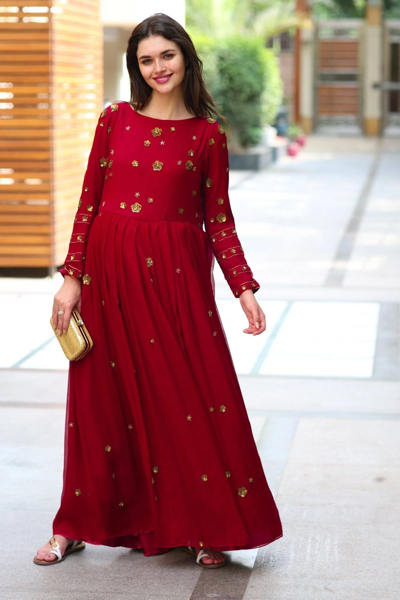 Premium Berry Chiffon Embroidered Maternity Dress - Chenance
