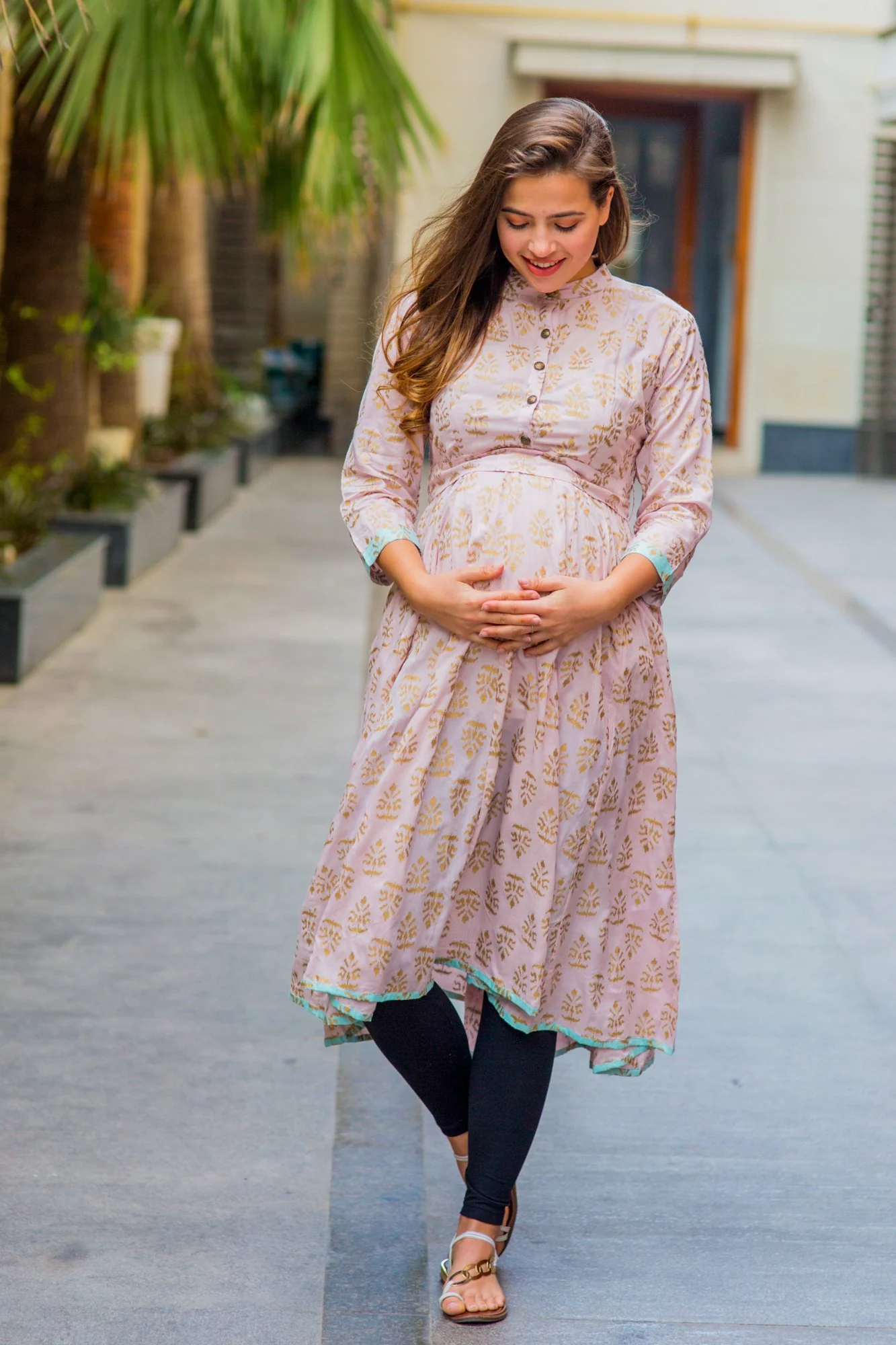 Pastel Pink Gold Block Print Silk Maternity & Nursing Kurta - Chenance