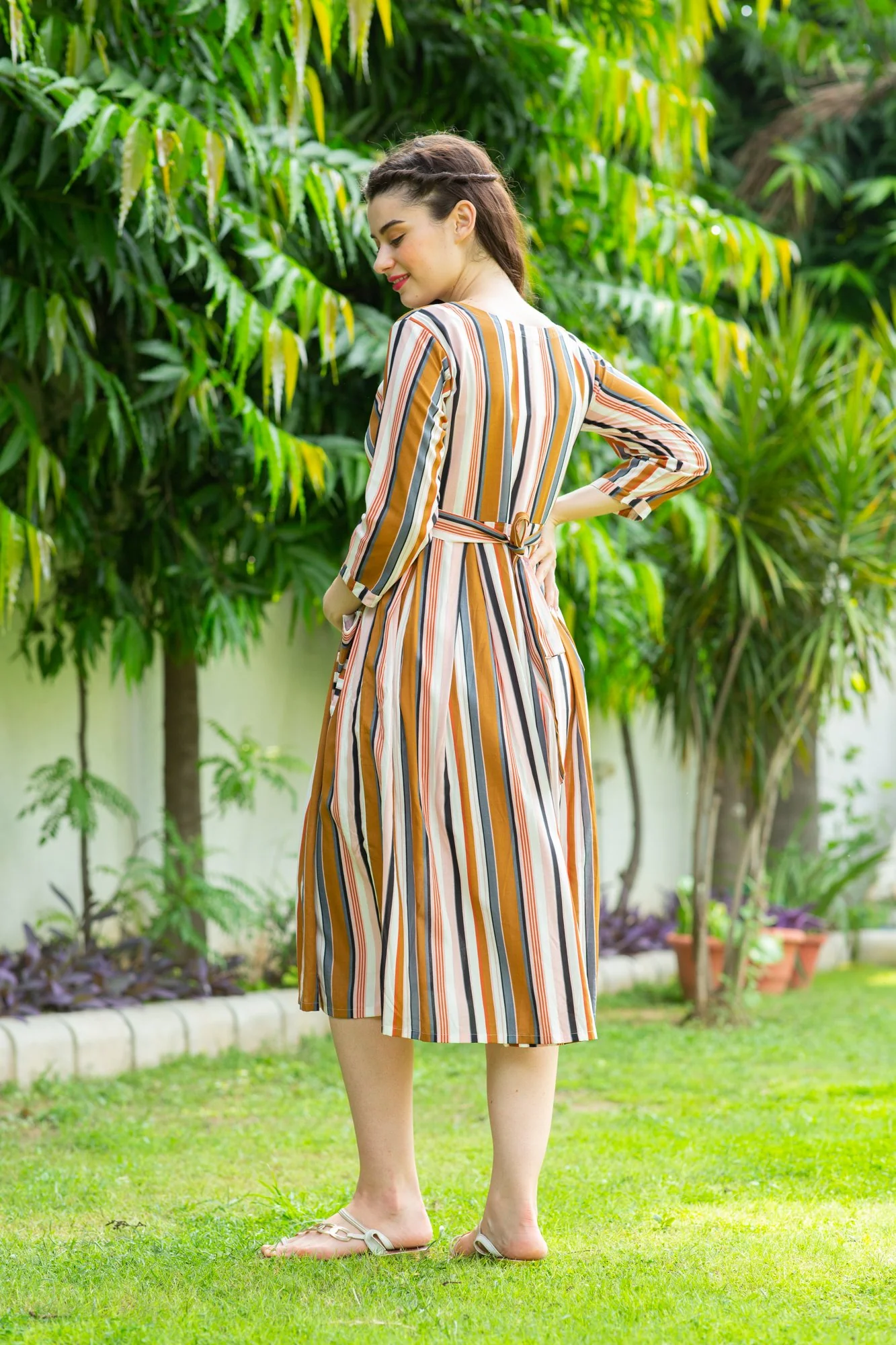 Multi Striped Pocket Maternity & Nursing Dress - Chenance