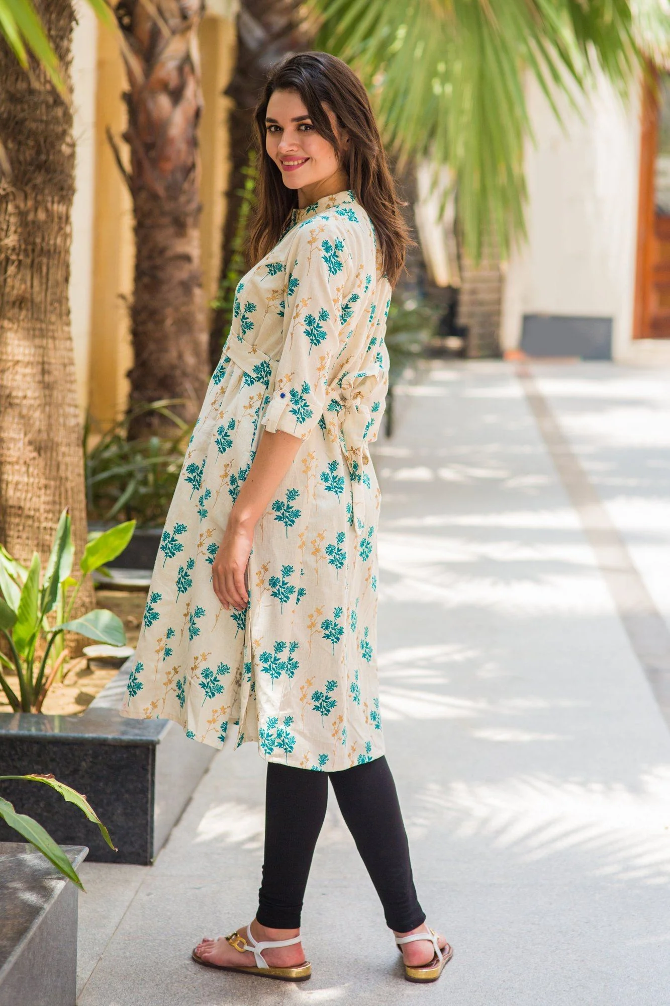 White Leafy Front Button Nursing Kurta - Chenance