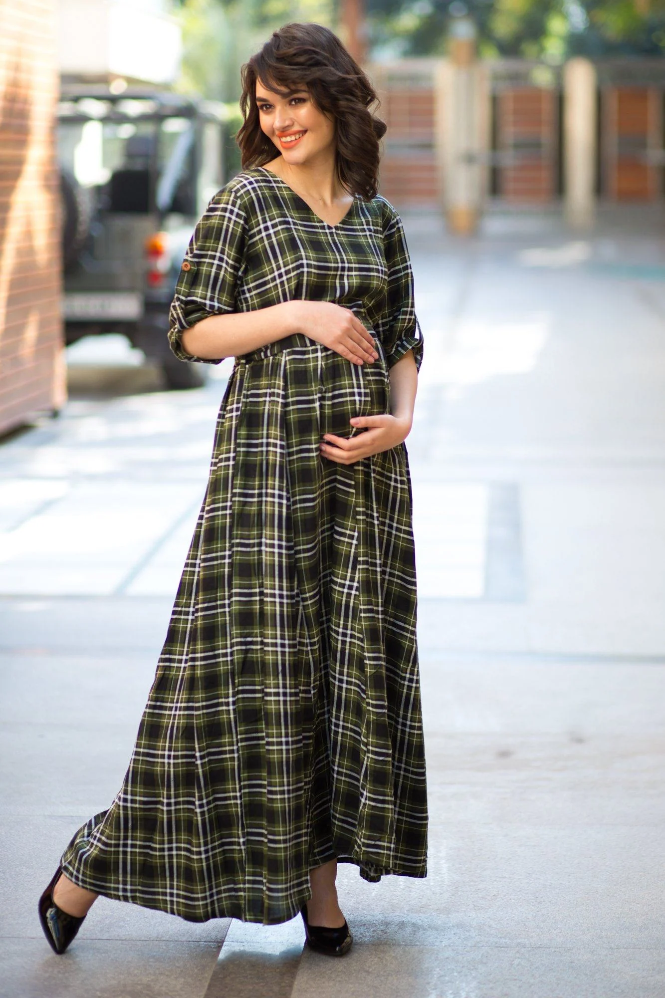 Nautical Pine Green Plaid Maternity & Nursing Maxi Dress - Chenance