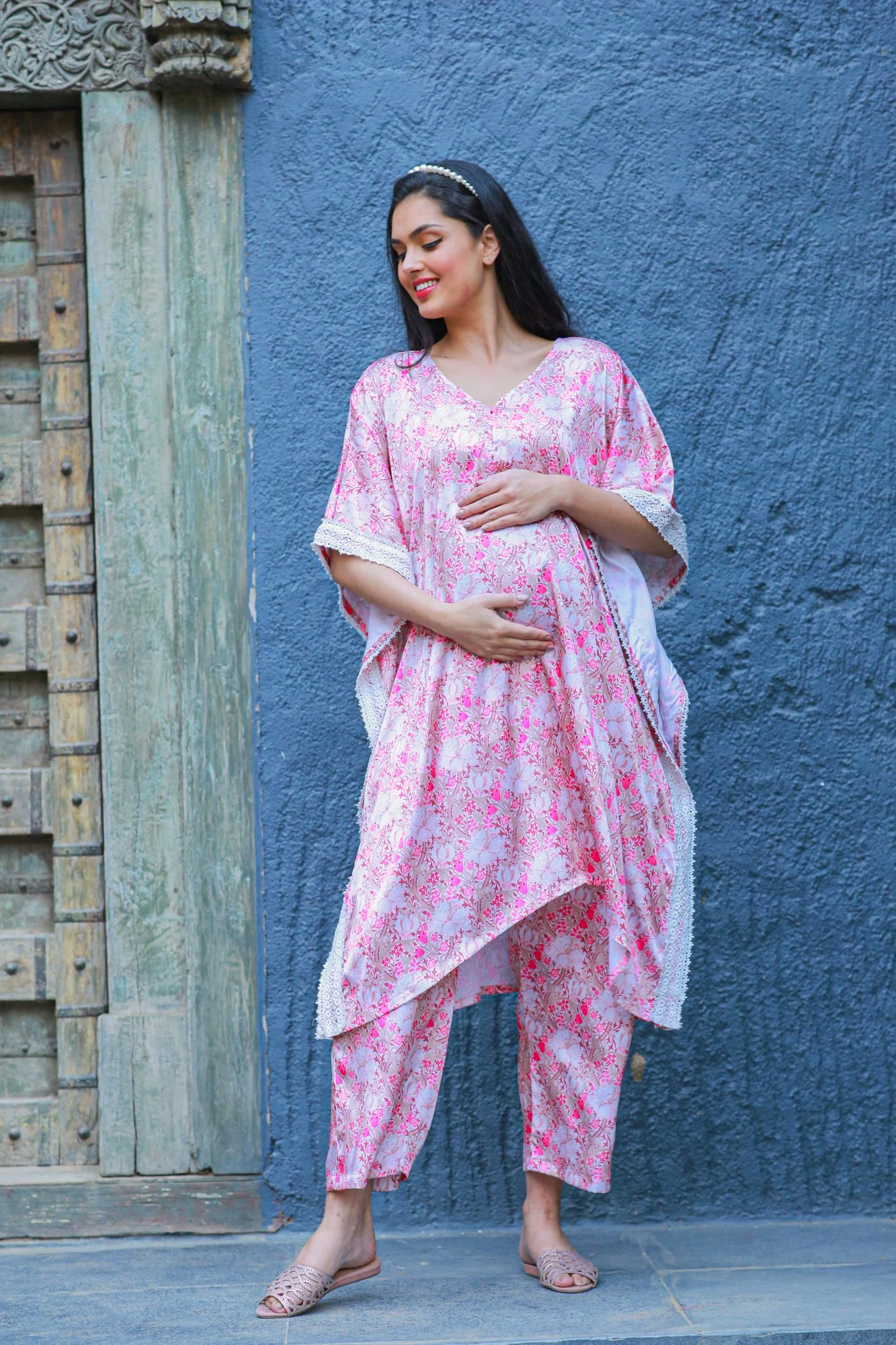 Premium Serene Rose Pink Satin Maternity & Nursing Lounge Coord Set (2 pc) - Chenance