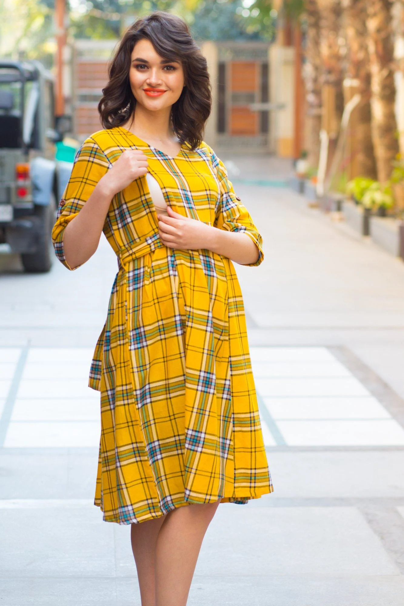 Spring Yellow Cotton Plaid Maternity & Nursing Dress - Chenance