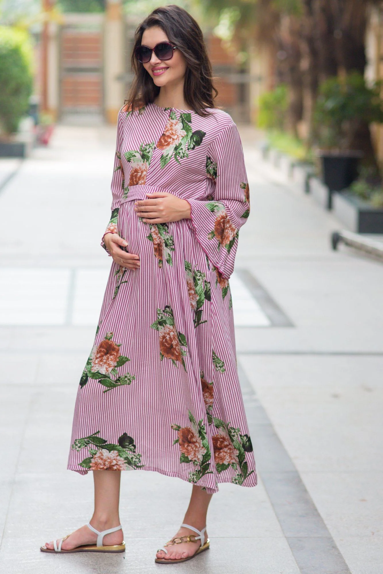 Striped Floral Boho Maternity & Nursing Dress - Chenance