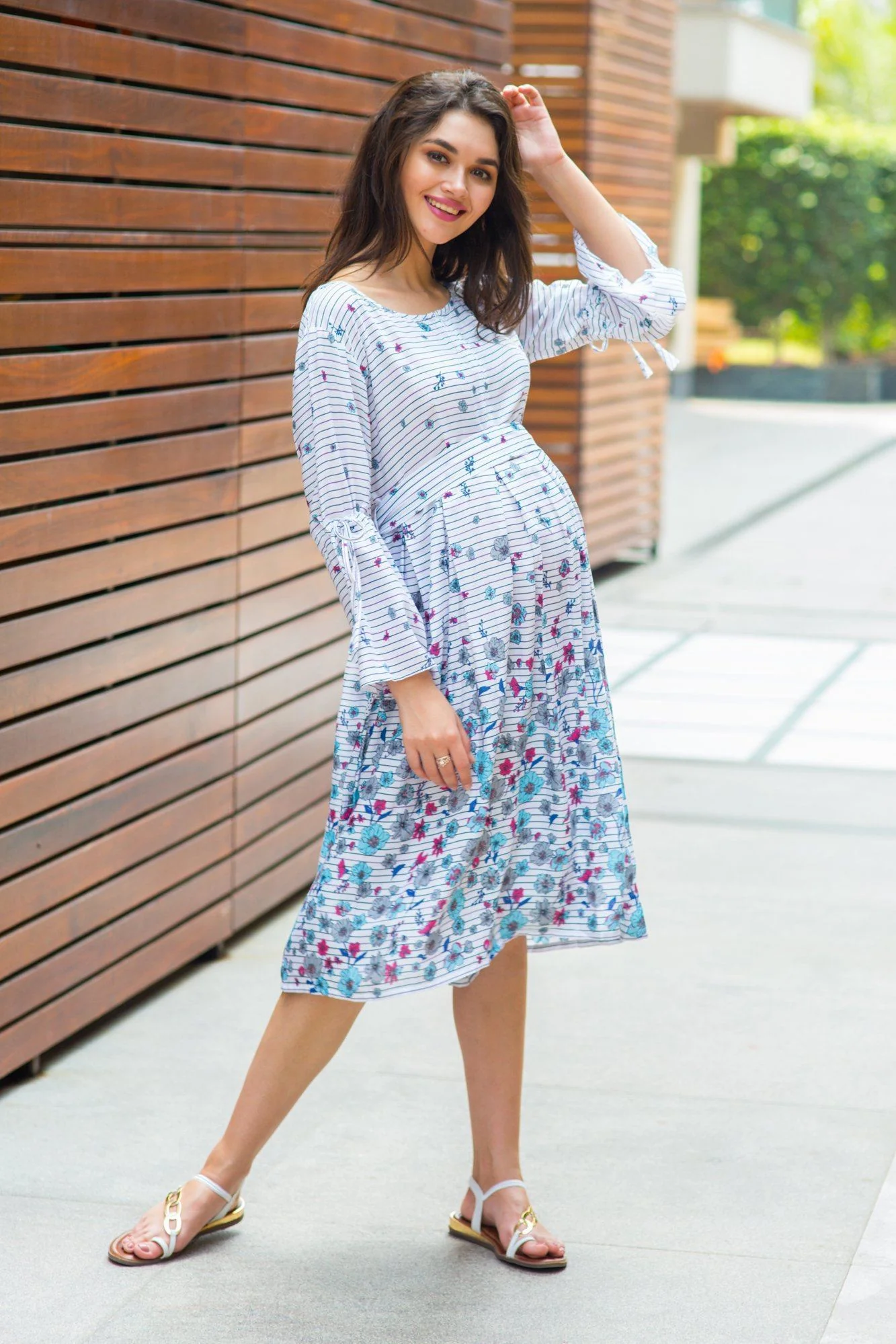 Angelic White Floral Tie Maternity & Nursing Dress - Chenance