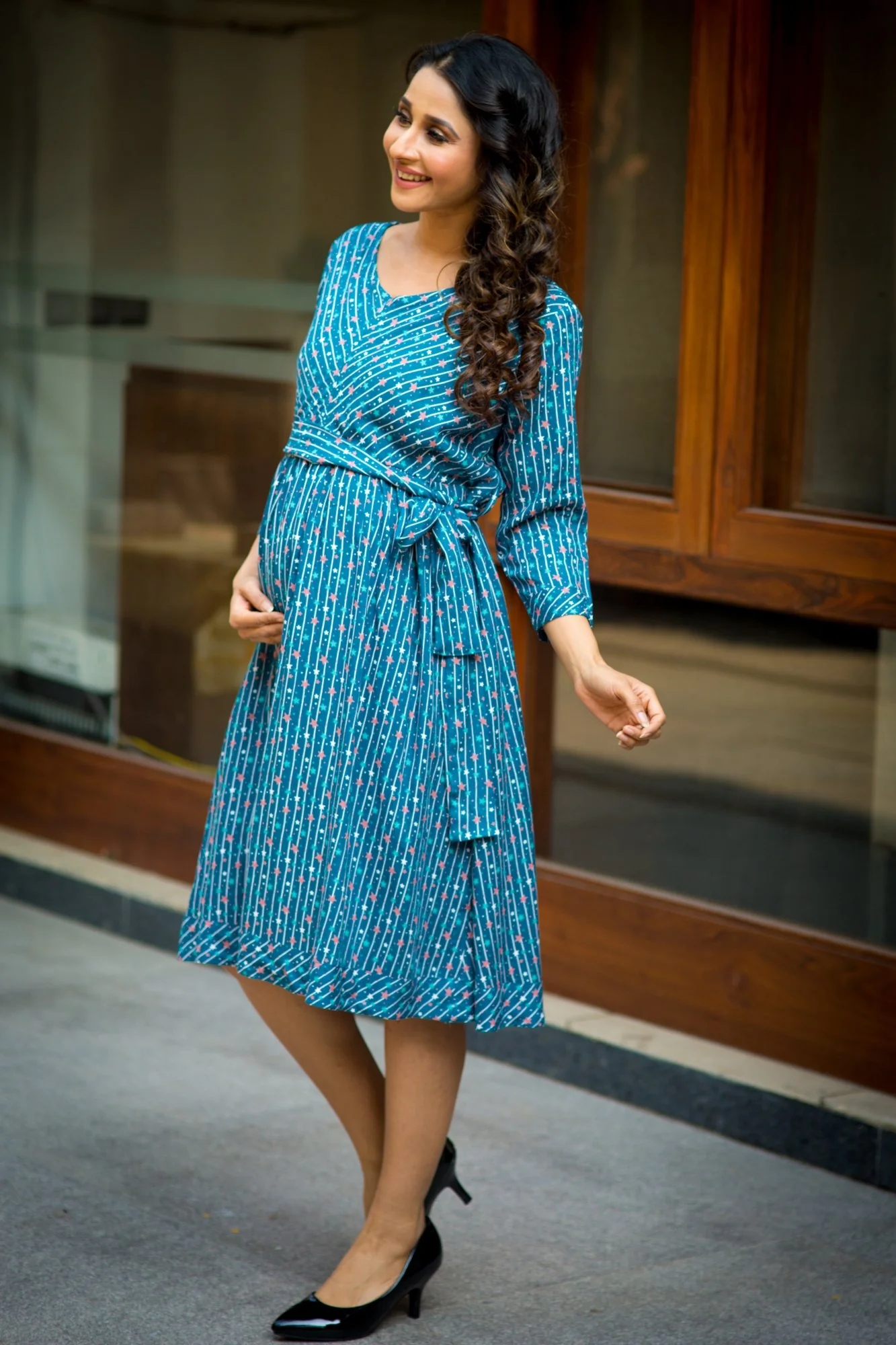 Starry Blue Striped Maternity & Nursing Front Zip Dress - Chenance