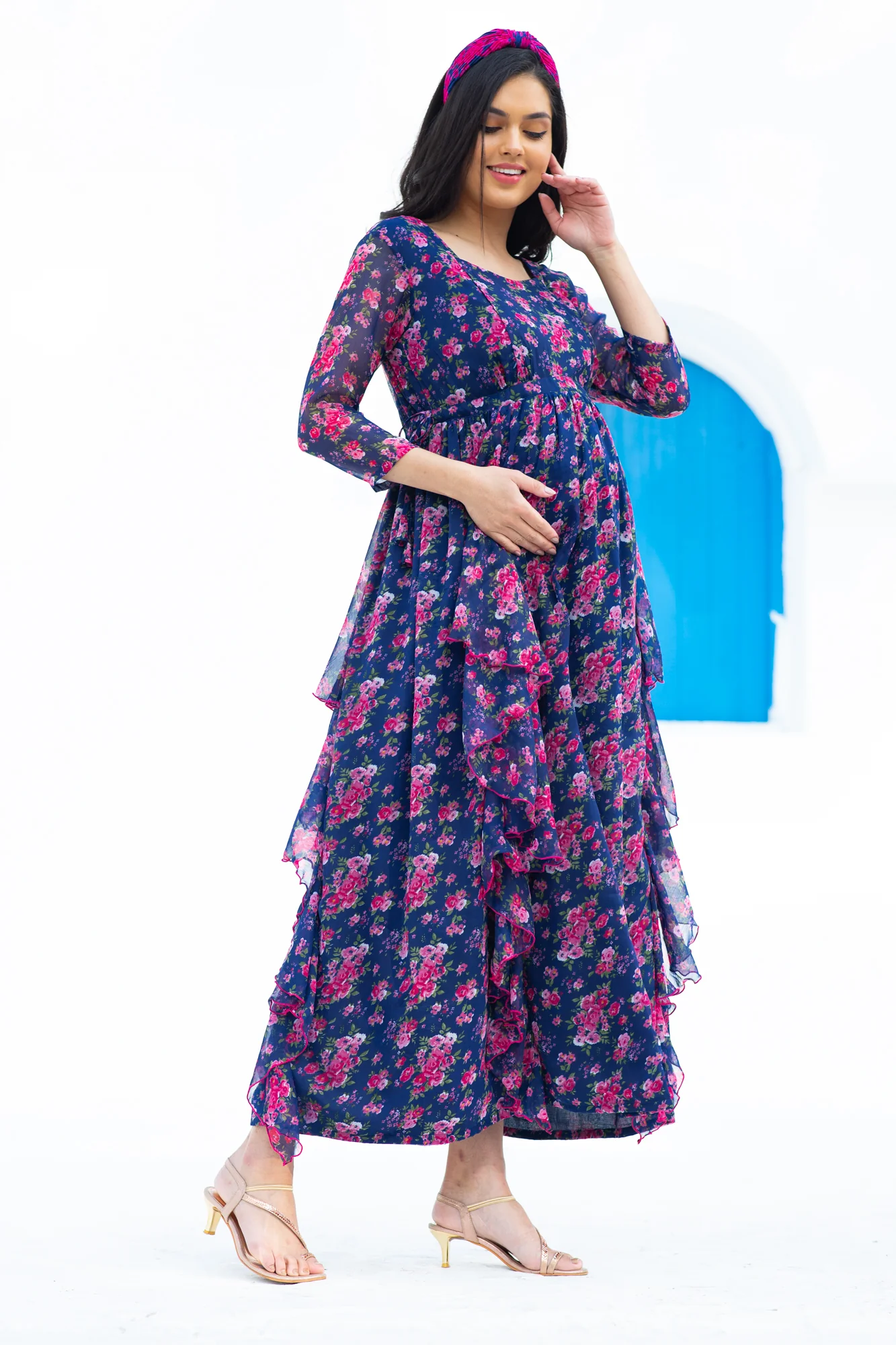 Midnight Bloom Maternity & Nursing Flow Dress - Chenance