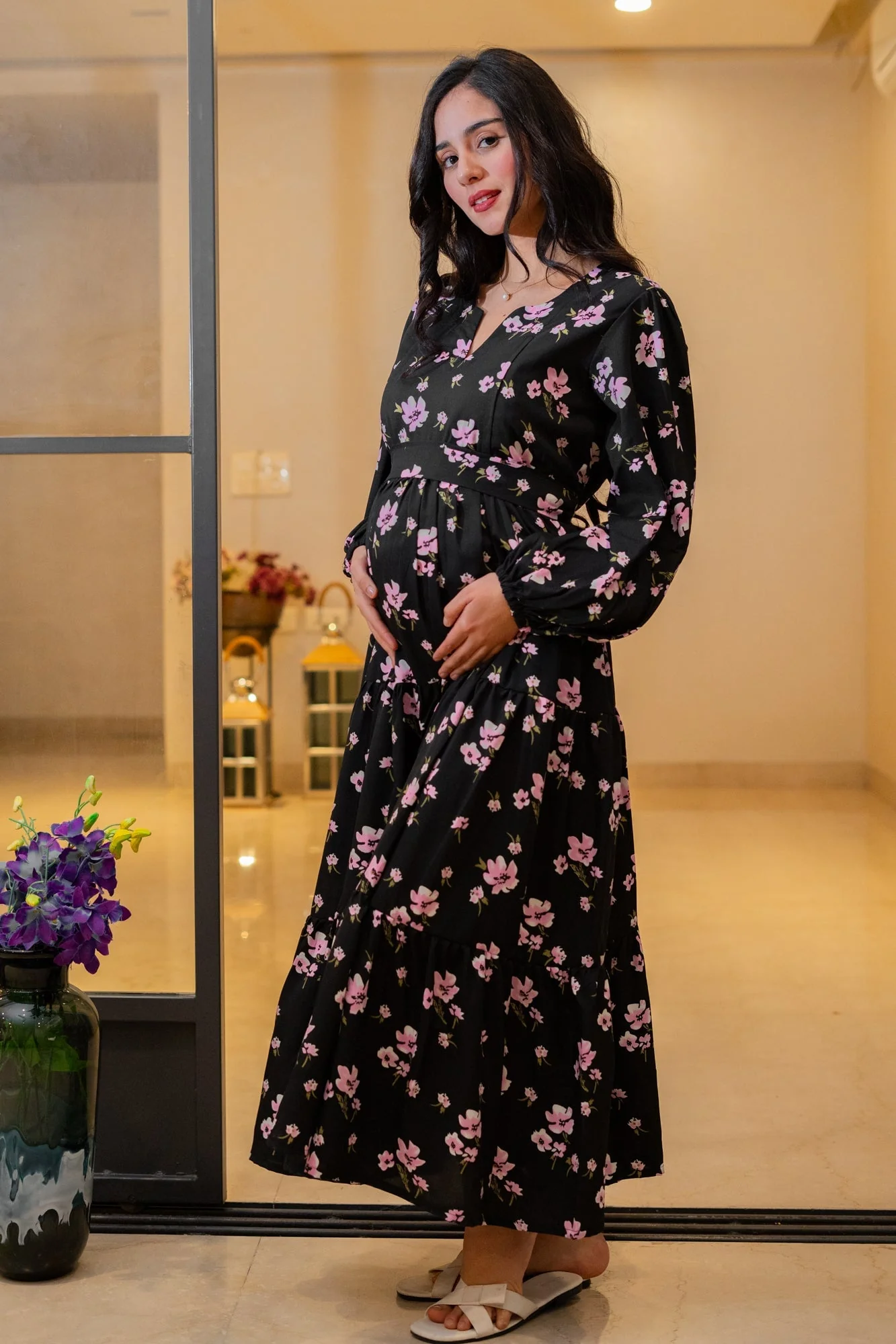 Eden Classic Black Bloom Maternity & Nursing Layered Dress - Chenance