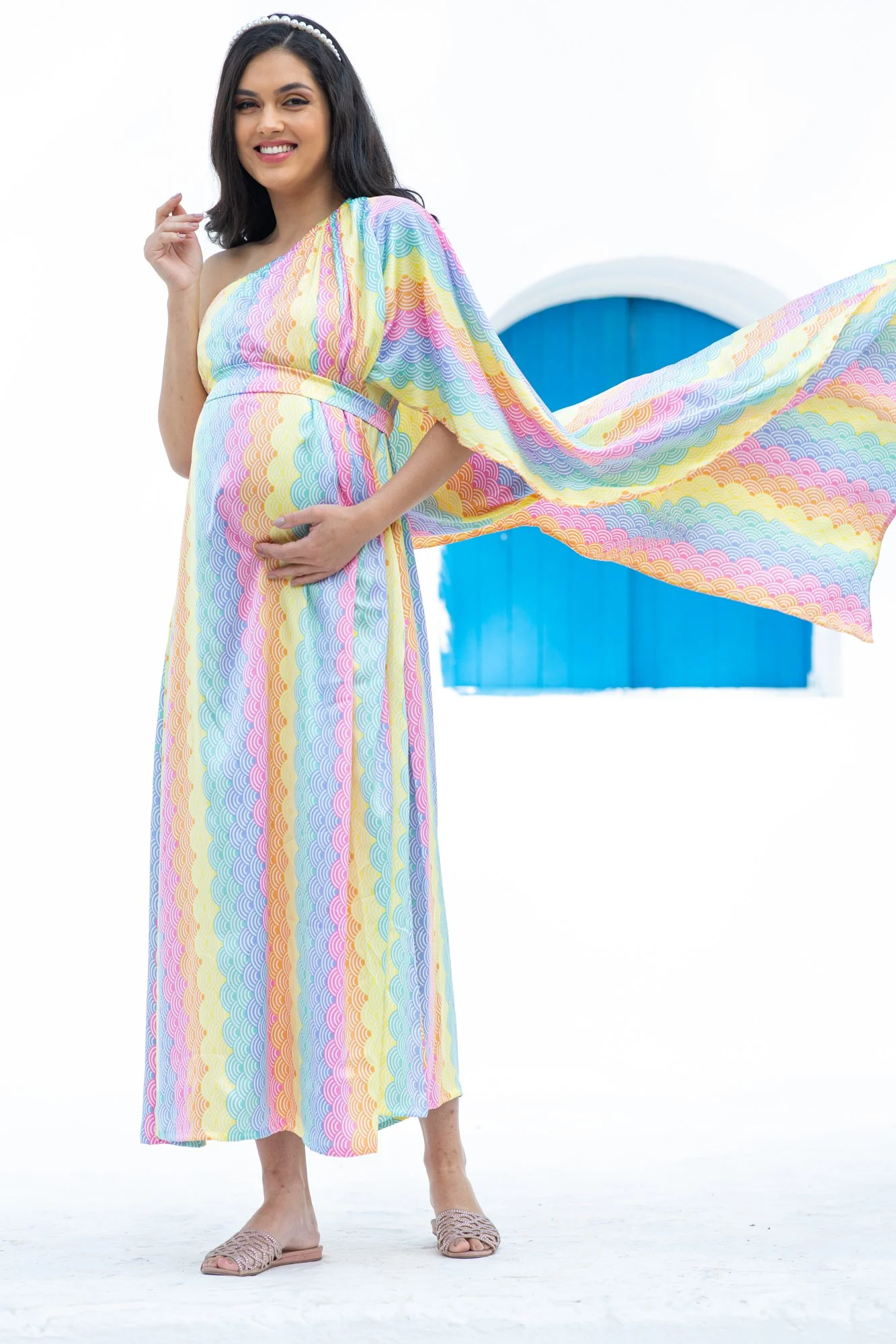 Luxe Rainbow One Shoulder Floral Maternity & Nursing Satin Dress - Chenance