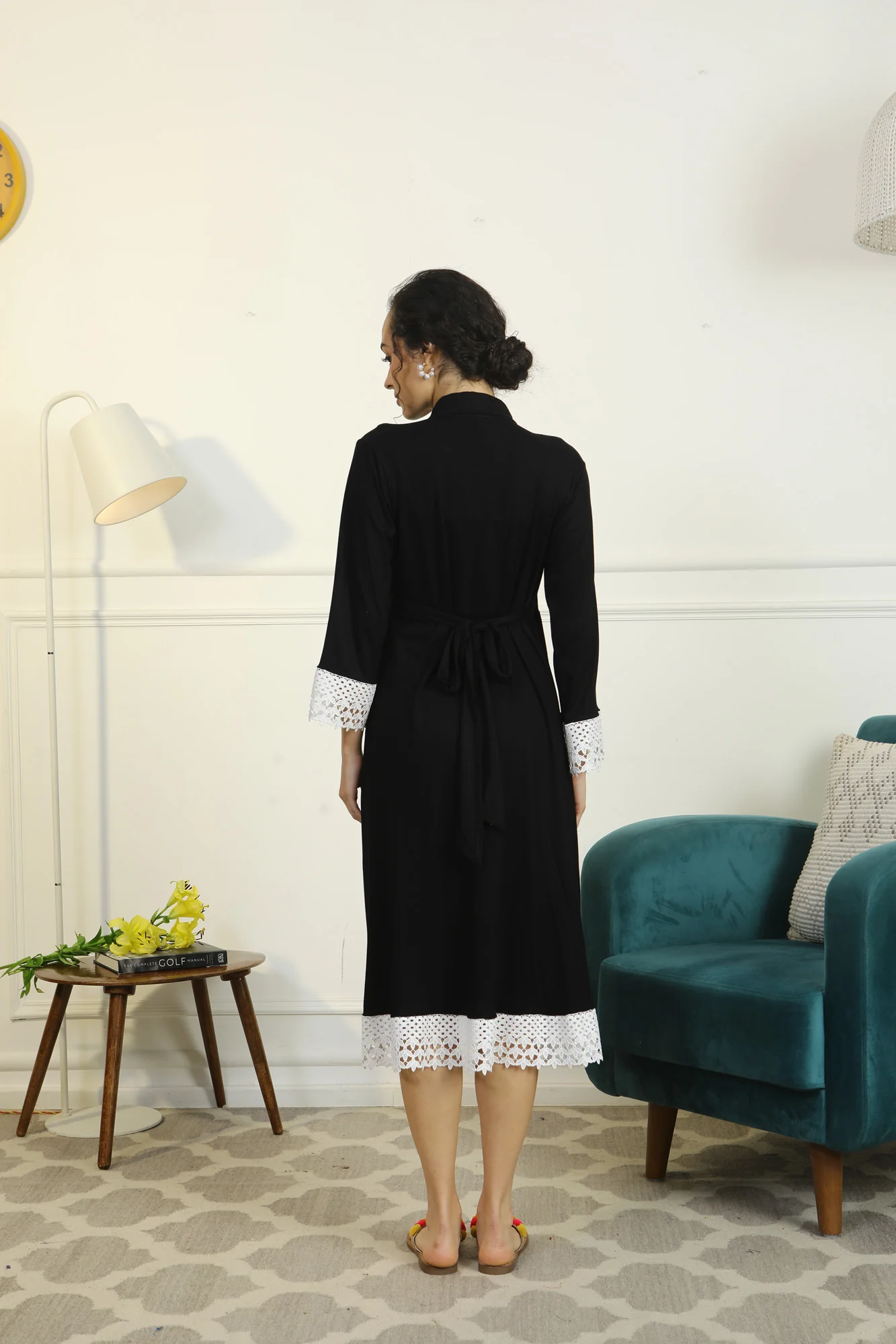 Royal Black Lycra Maternity & Nursing Wrap Nightwear Dress + Matching Baby Swaddle Set Of 2 - Chenance