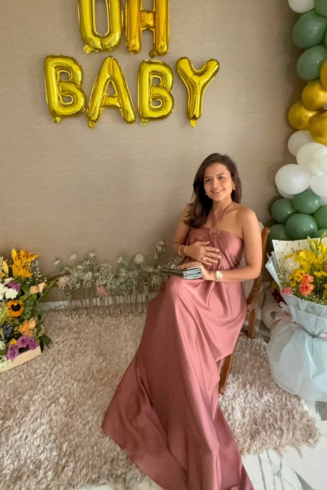 Luxe Rose Pink Satin Maternity Gown - Chenance