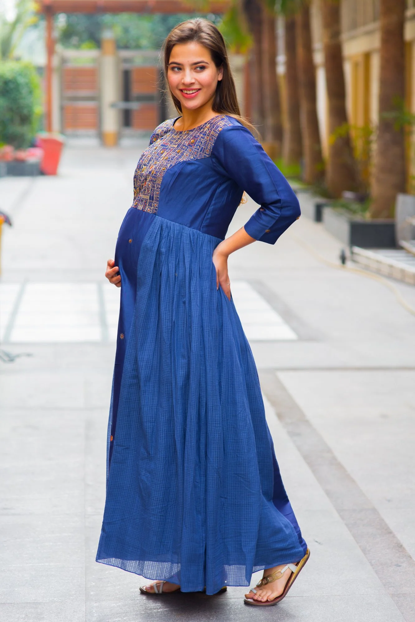 Premium Blue Chanderi Hand Embroidered Maternity & Nursing Dress - Chenance