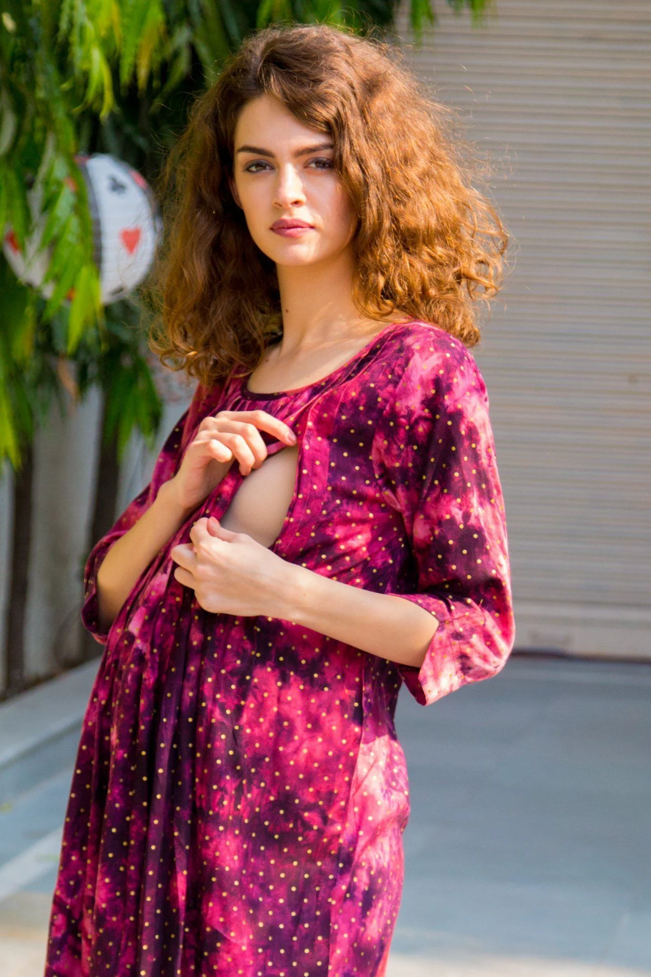 Plum Foil Print Pintucks Maternity & Nursing Kurta Dress - Chenance