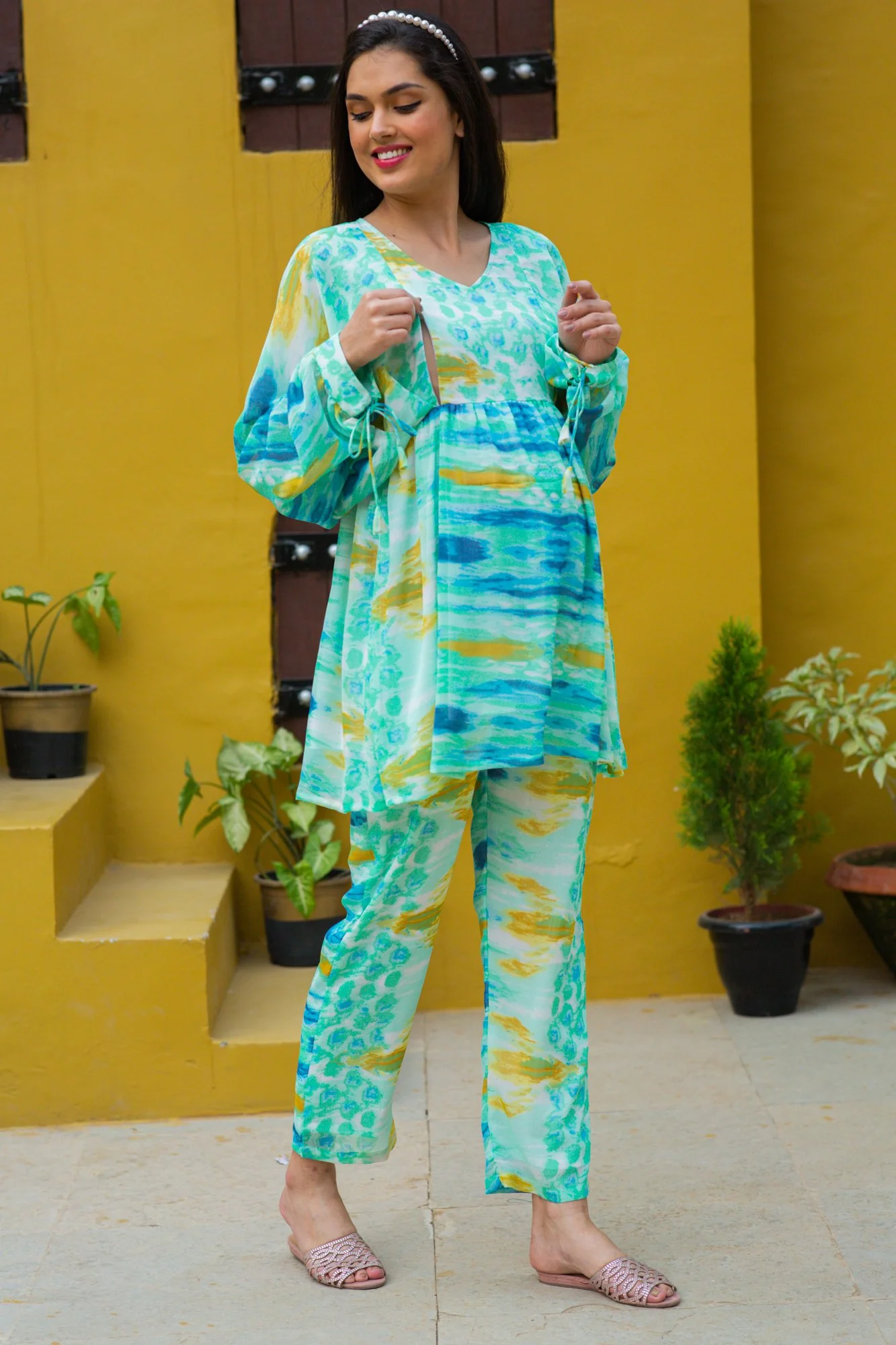 Luxe Aqua Tie & Dye Maternity & Nursing Lounge Coord Set (2 pc) - Chenance