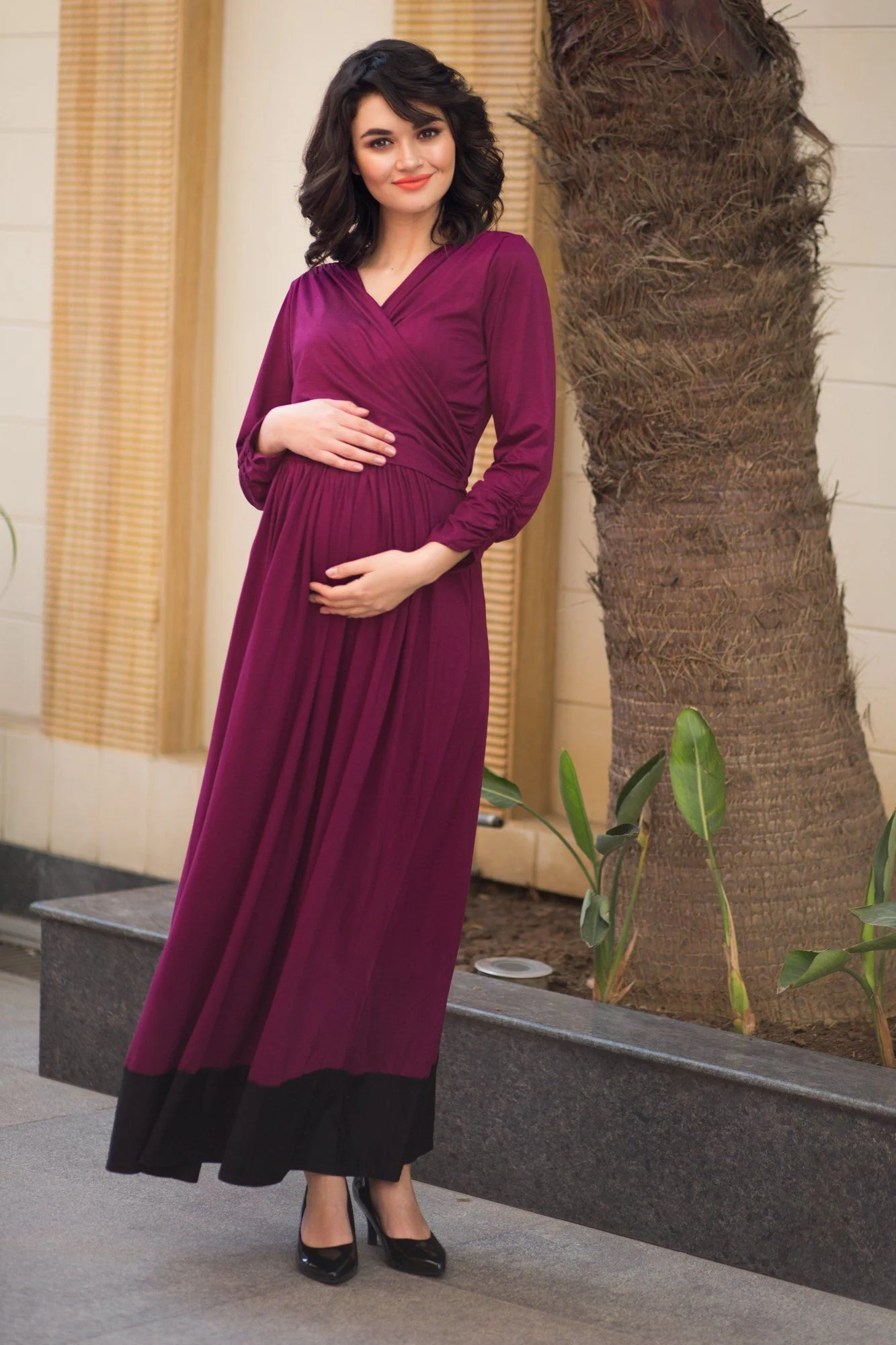 Elegant Mulberry Wine Front Wrap Maternity & Nursing Dress - Chenance