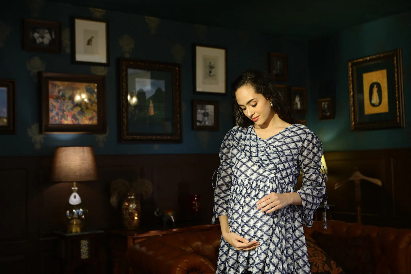 Luxe Ikkat Navy Blue Chiffon Gathered Maternity Top - Chenance