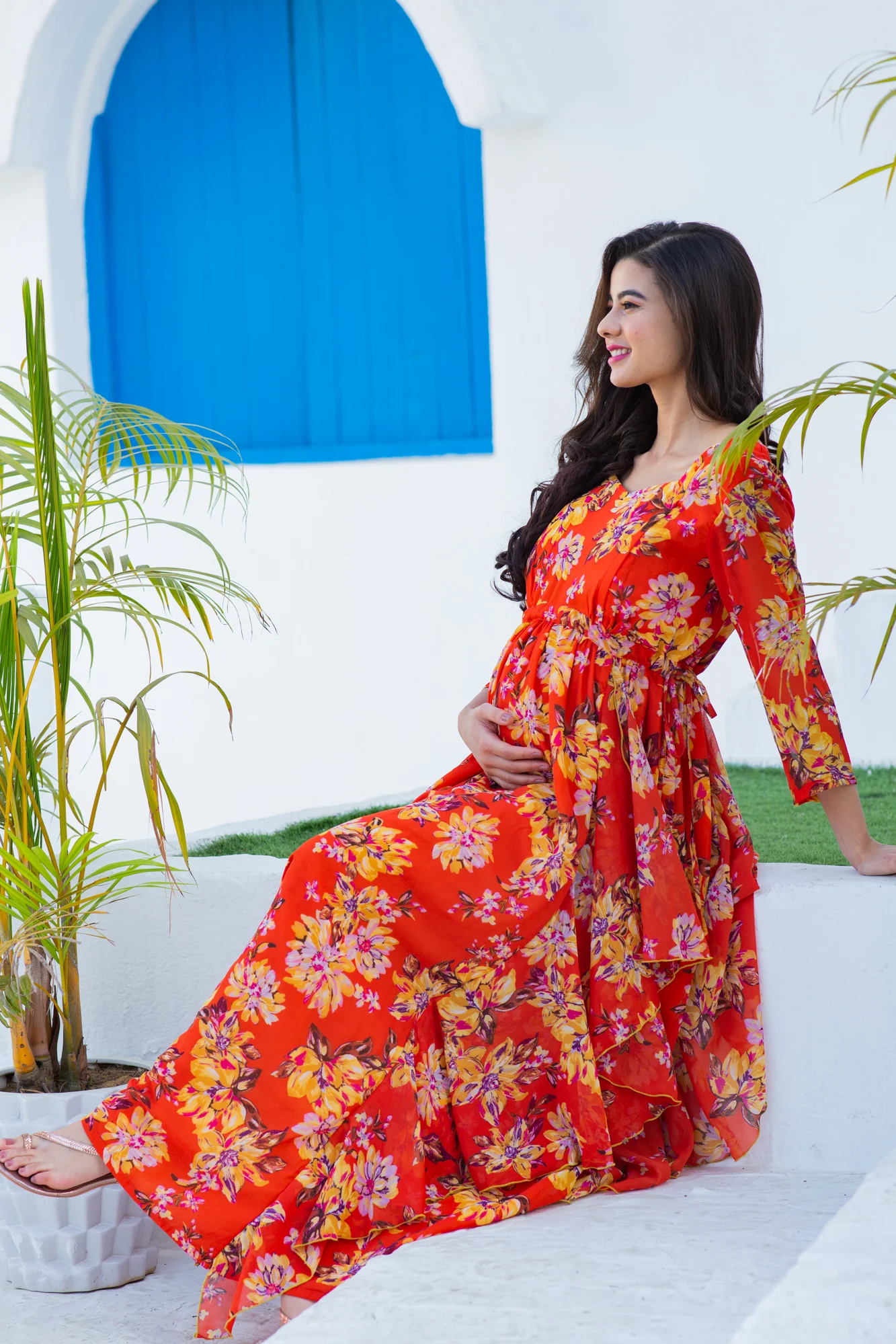 Luxe Crimson Bloom Maternity & Nursing Flow Dress - Chenance