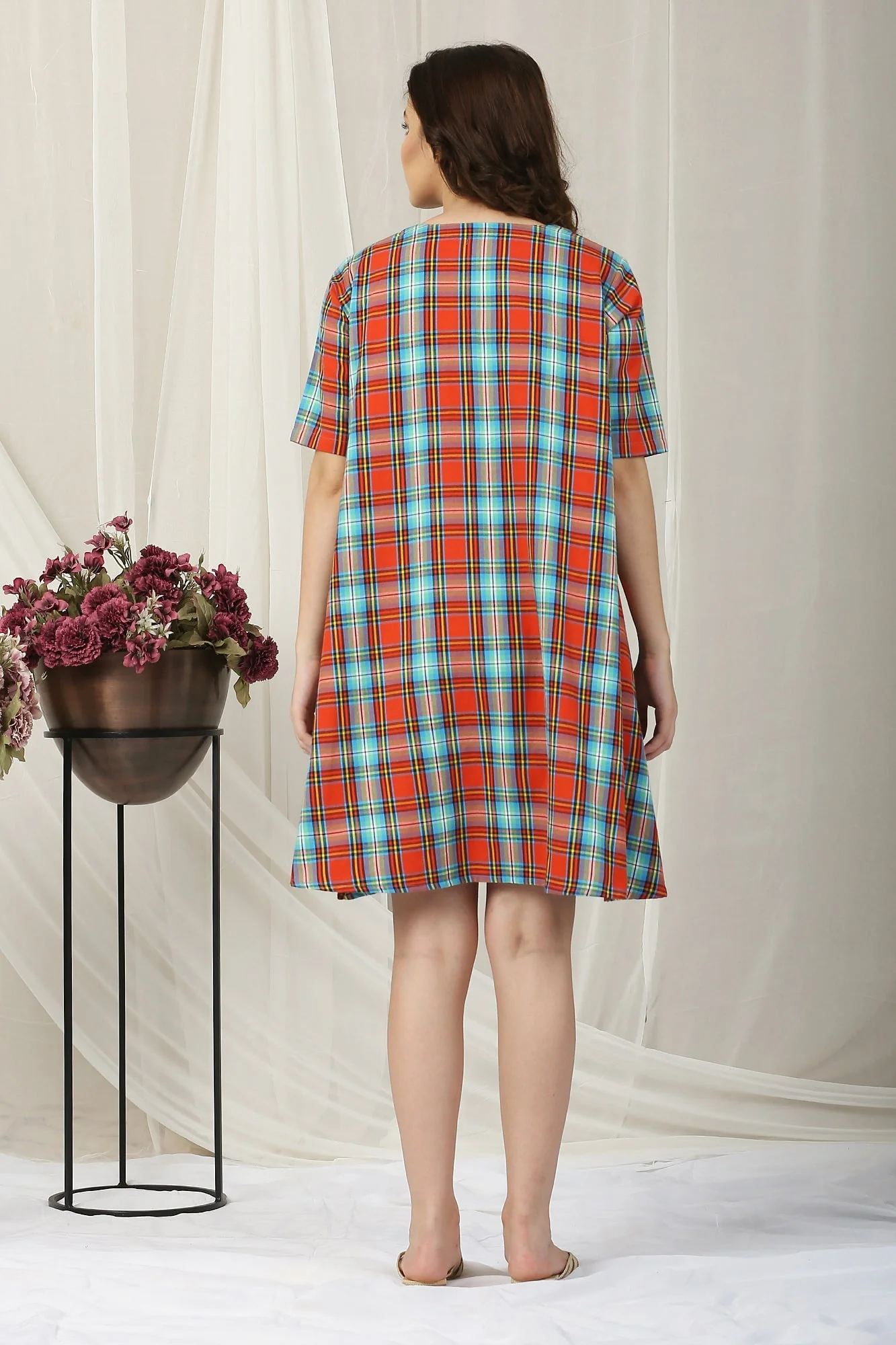 Tangerine Plaid Snap Shoulder Maternity & Nursing Night Dress / Delivery Gown/ Lounge Dress - Chenance
