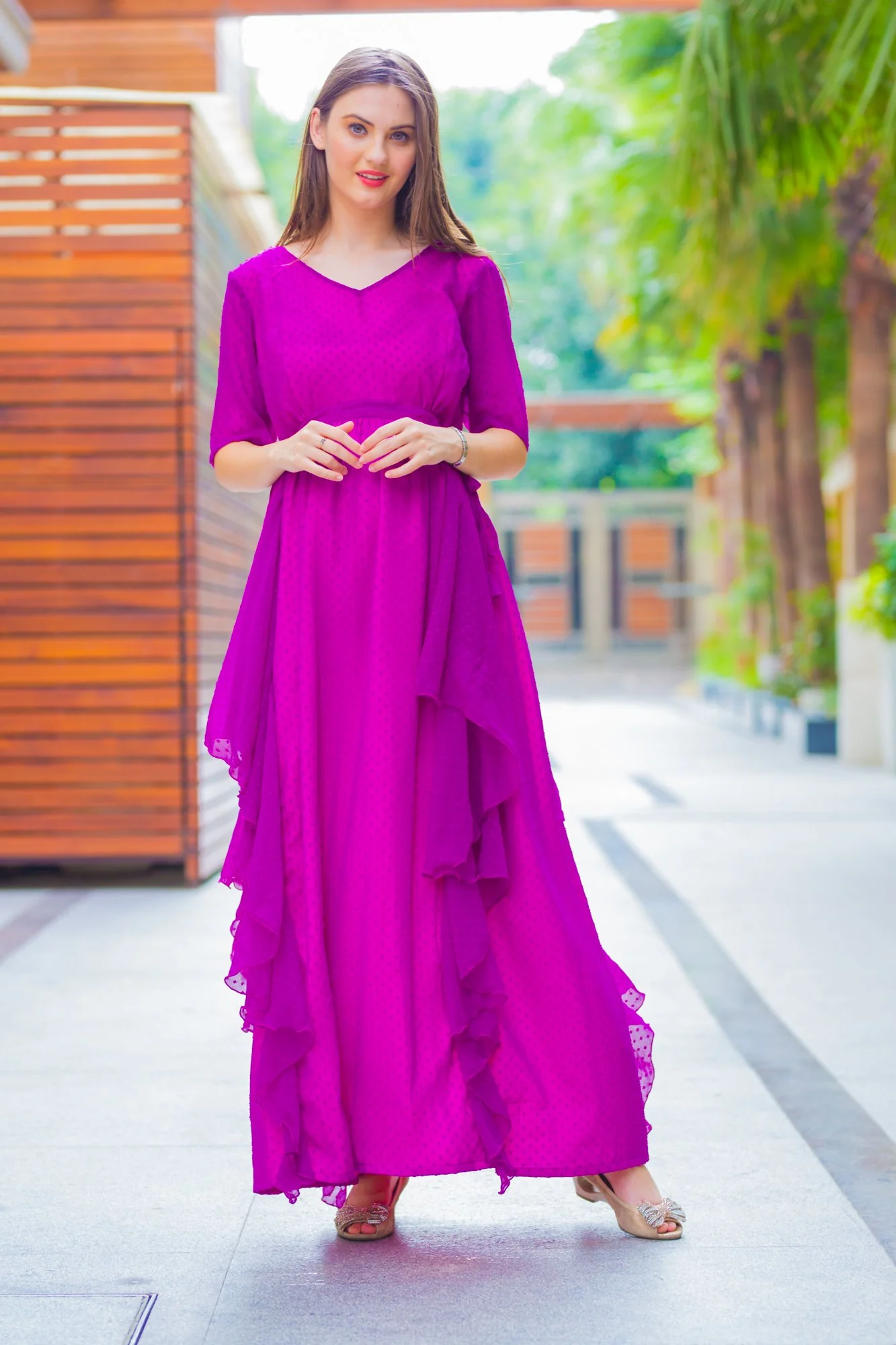 Plum Maternity Flowing Dress With Sleeves - Chenance