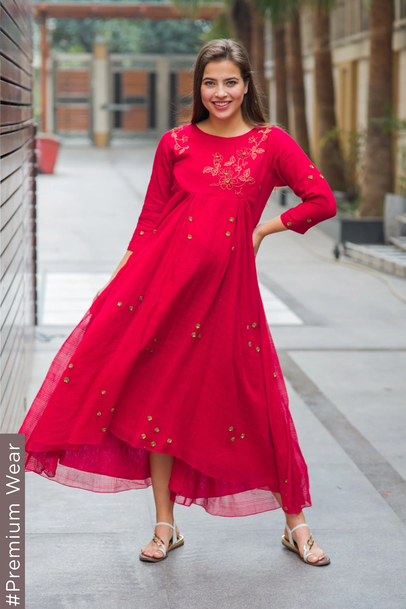 Premium Red Handloom Maternity & Nursing Dress - Chenance
