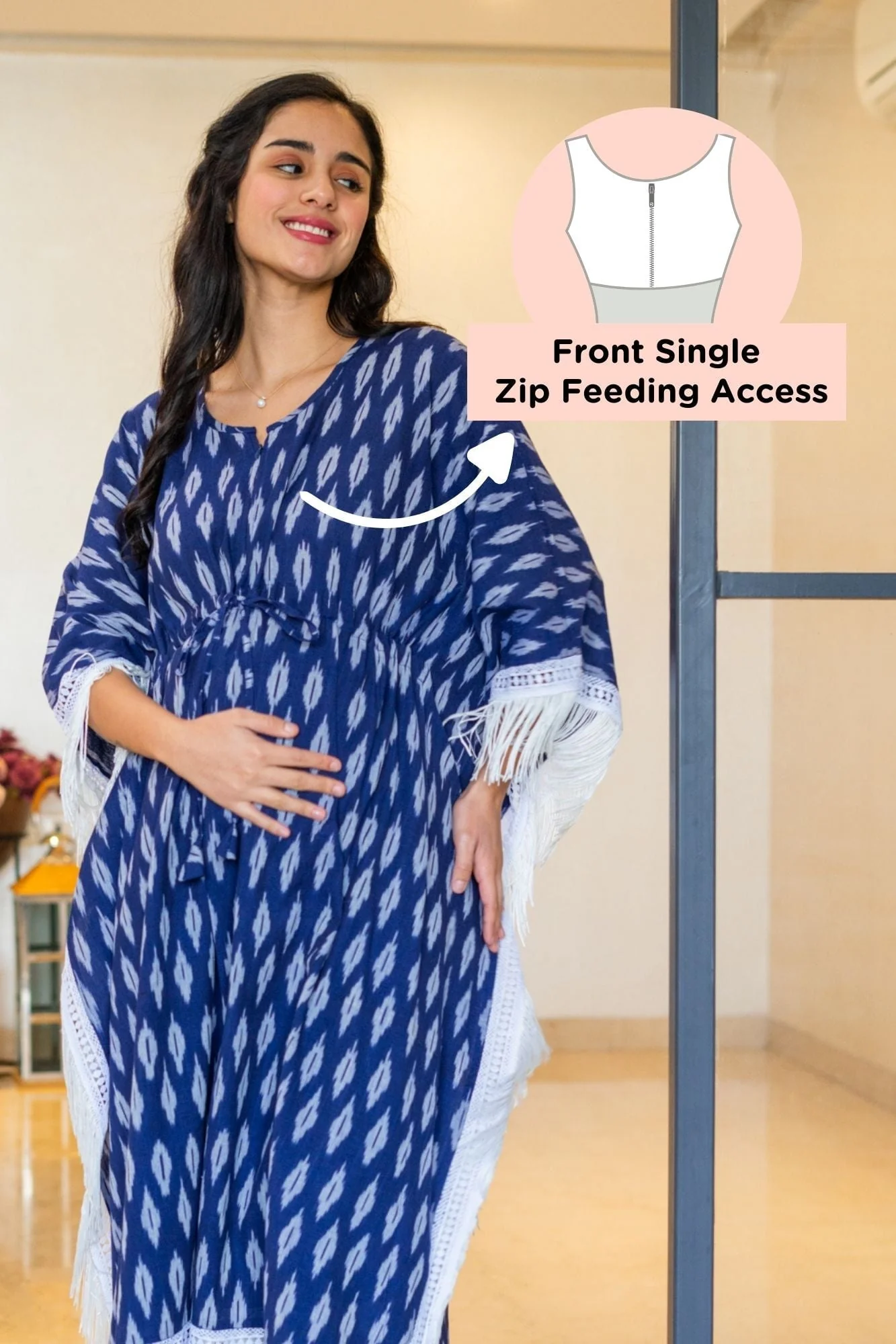 Luxe Indigo Blue Ikat Maternity & Nursing Kaftan Coord Set (100% Cotton) (2 Pc) - Chenance