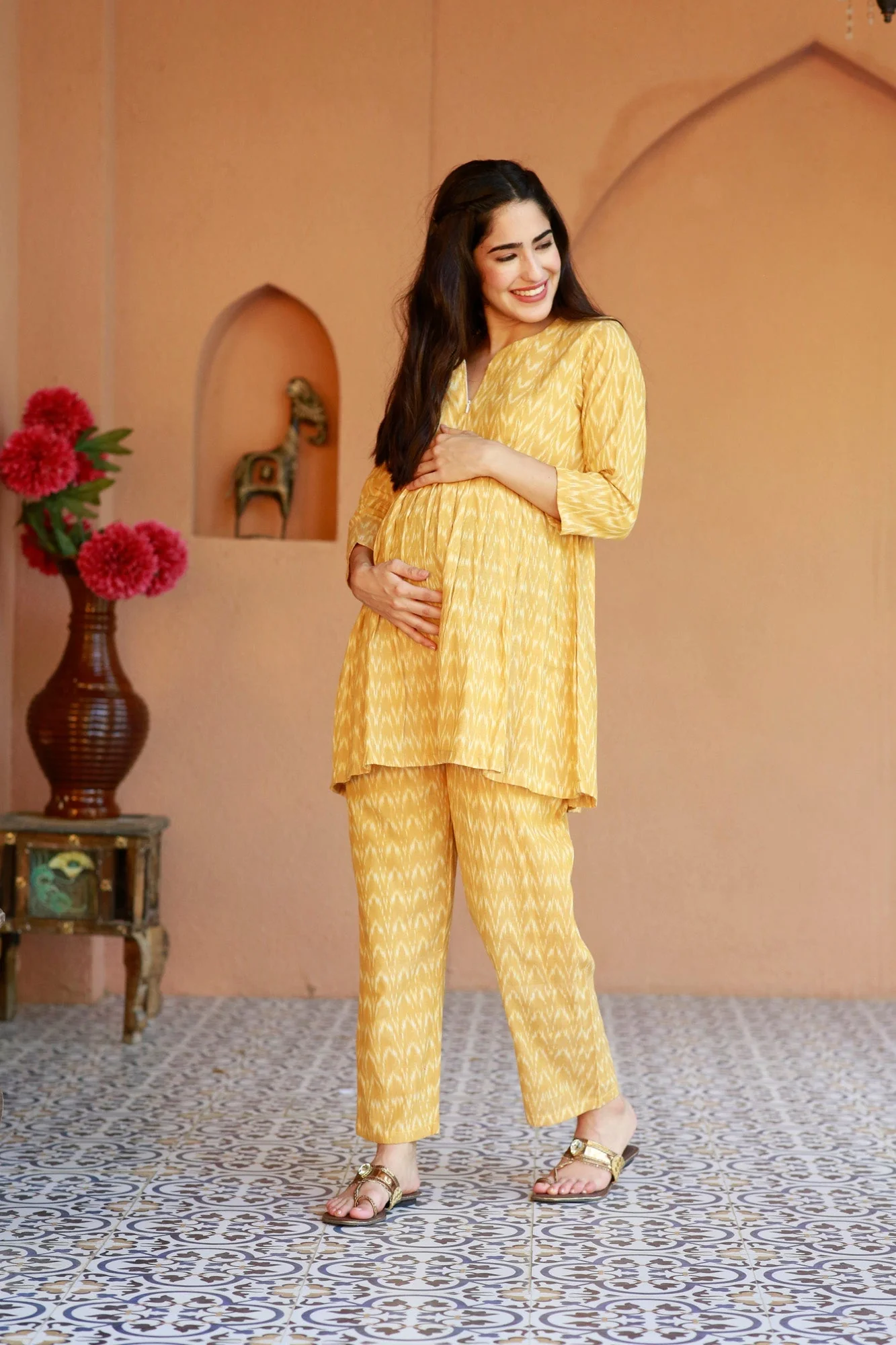 Restful Mustard Ikat Maternity & Nursing Lounge Coord Set (2Pc) (100% Cotton) - Chenance