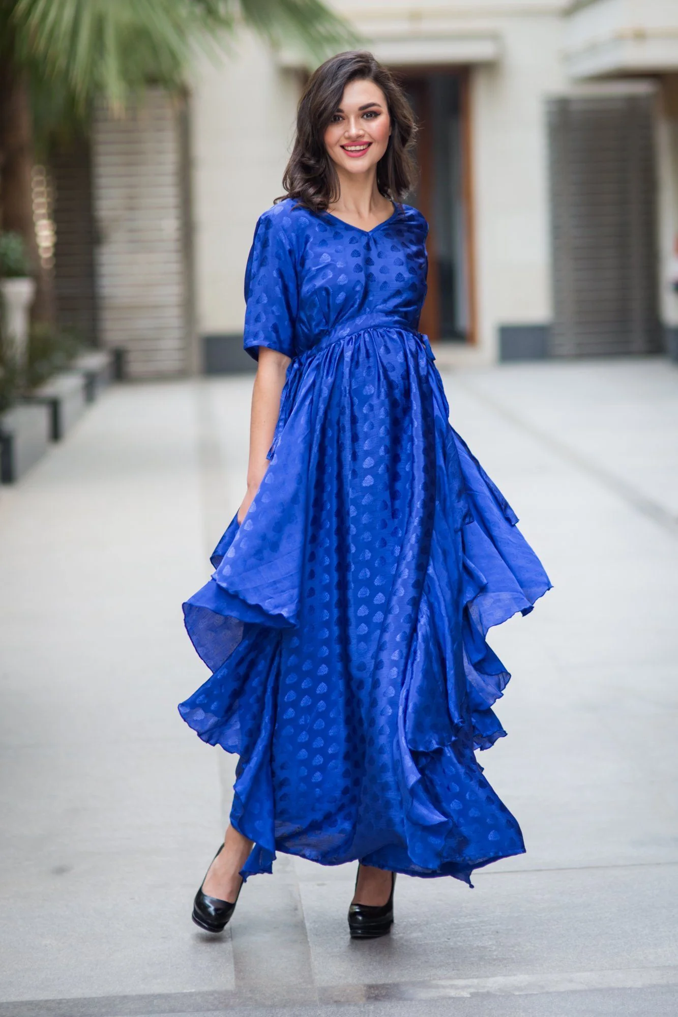 Luxe Electric Blue Embellished Satin Maternity Dress - Chenance