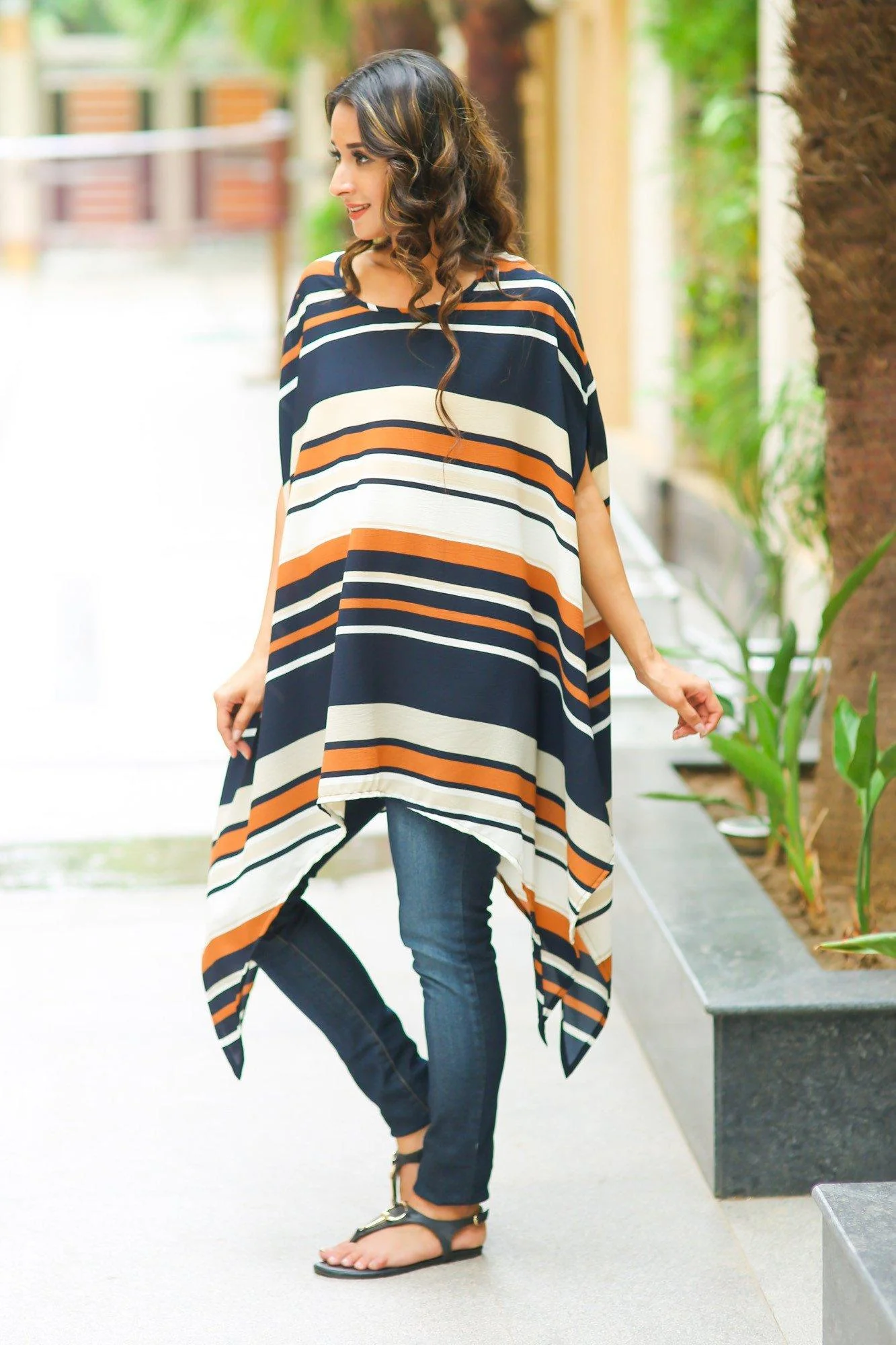 Navy Orange Nautical Crepe Maternity Poncho - Chenance