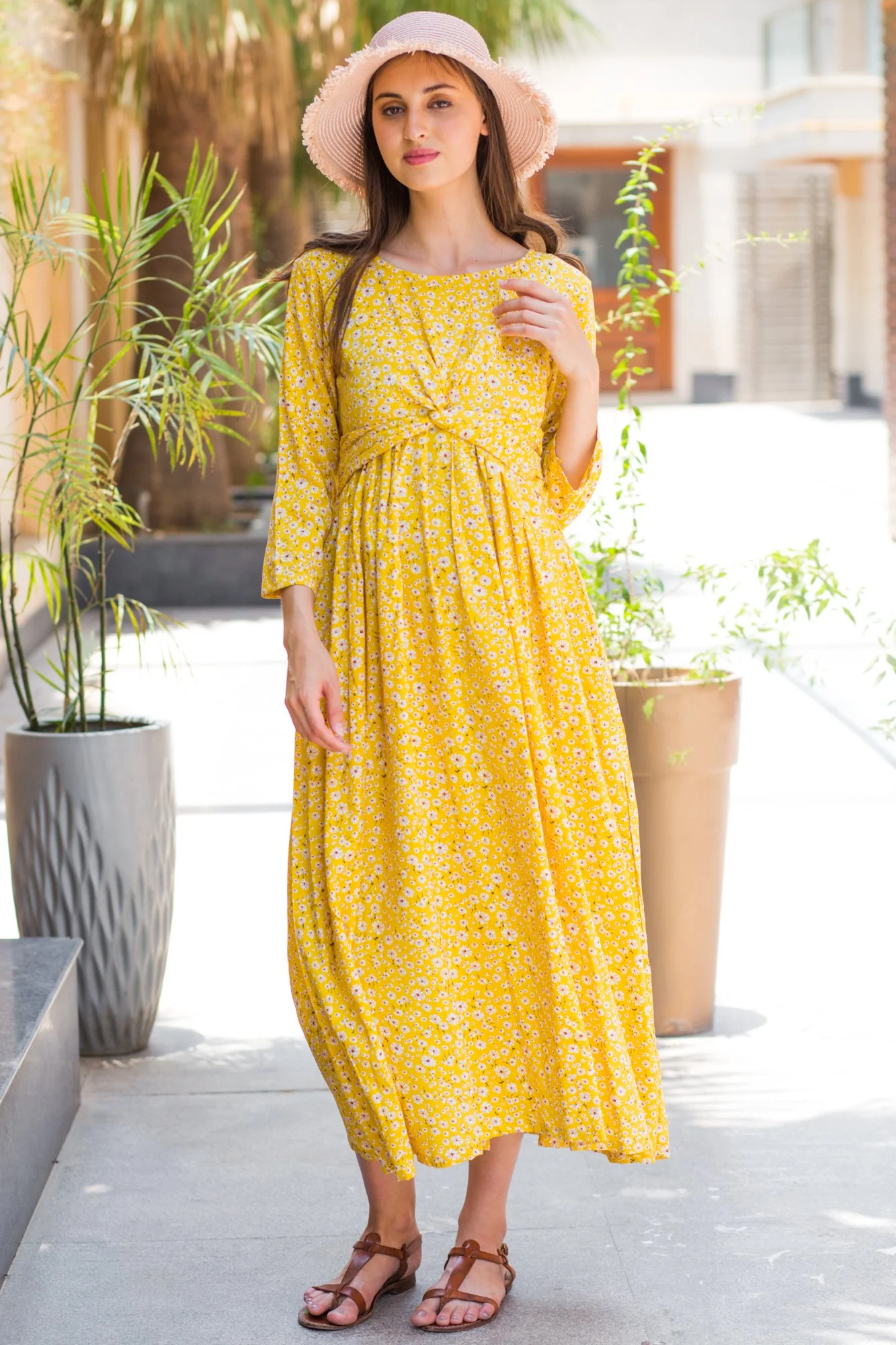 Yellow Daisy Front Knot Maternity Midi Dress - Chenance
