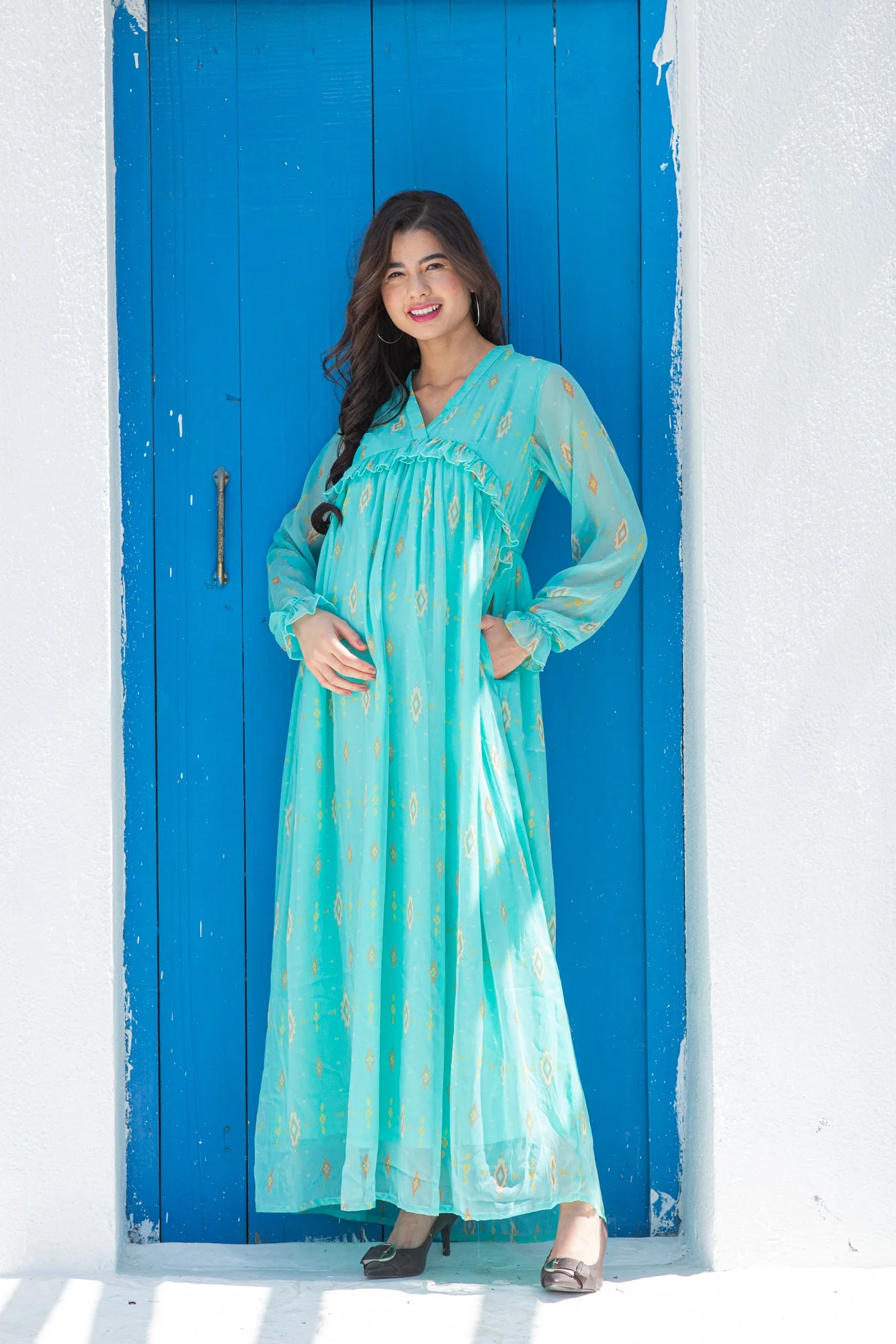 Peacock Blue Maternity Frill Pocket Dress - Chenance