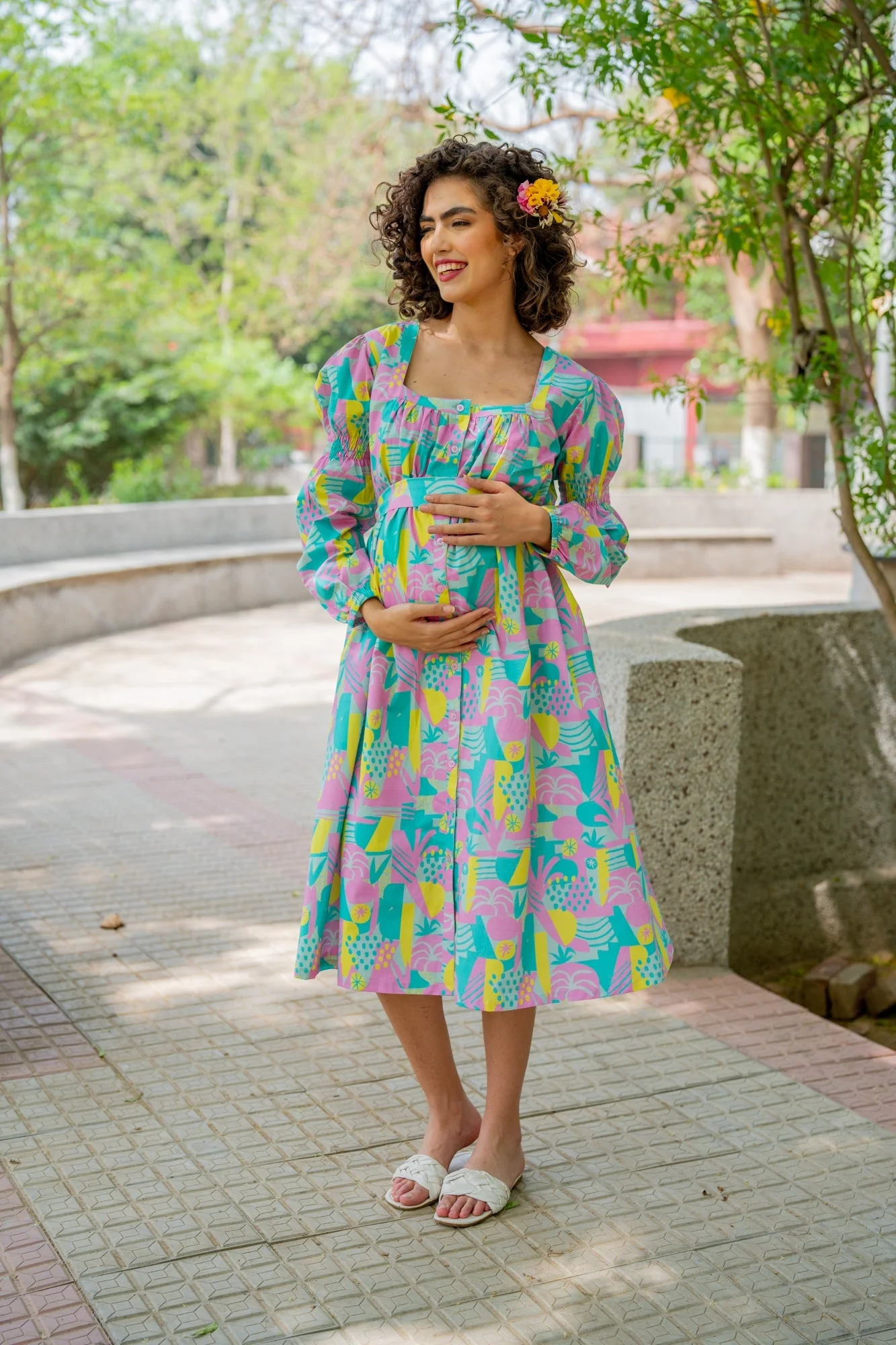 Dusty Blue Yellow Abstract Maternity & Nursing Dress (100% Cotton) - Chenance