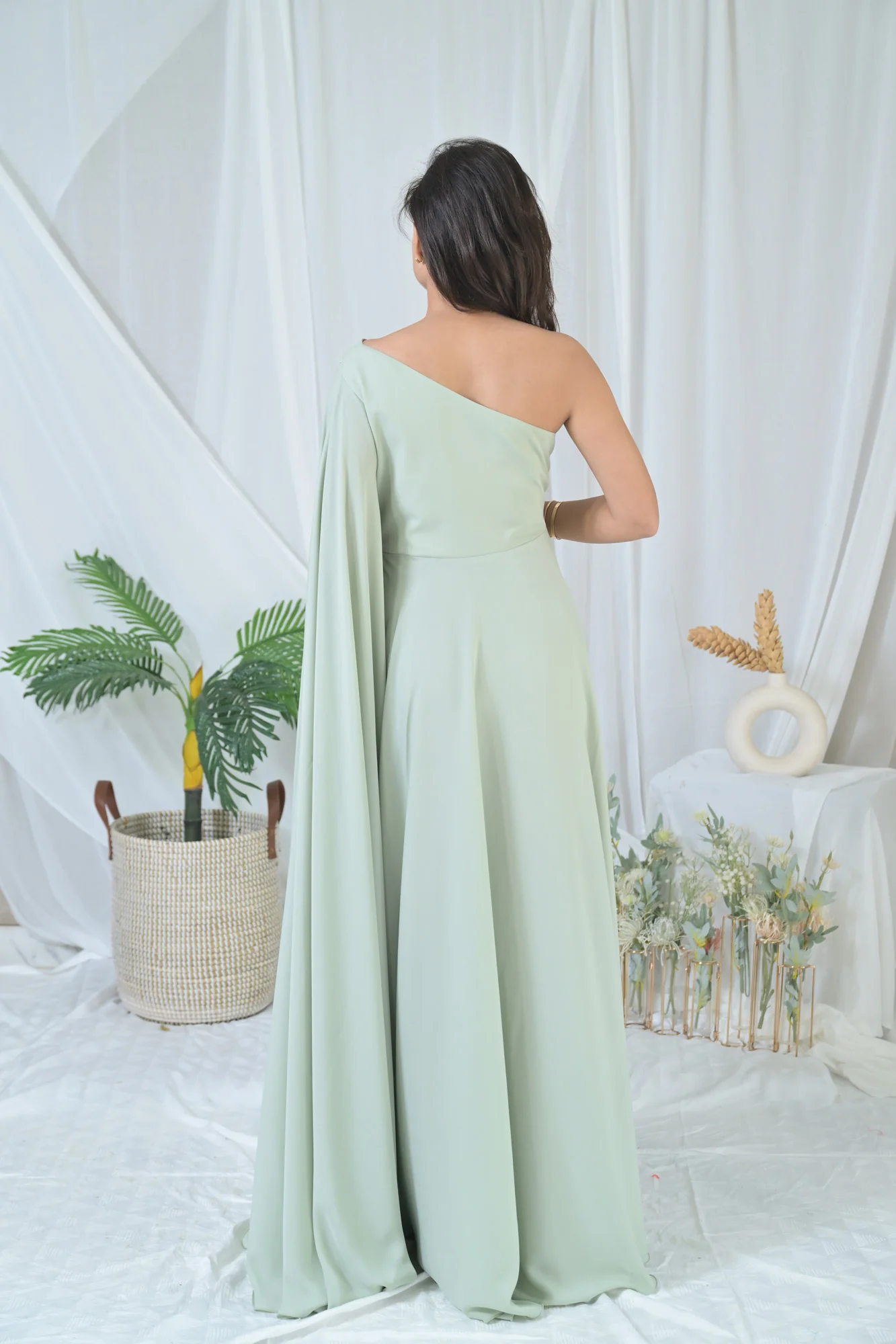 Luxe Sage Green Embroidered Maternity Satin Gown - Chenance