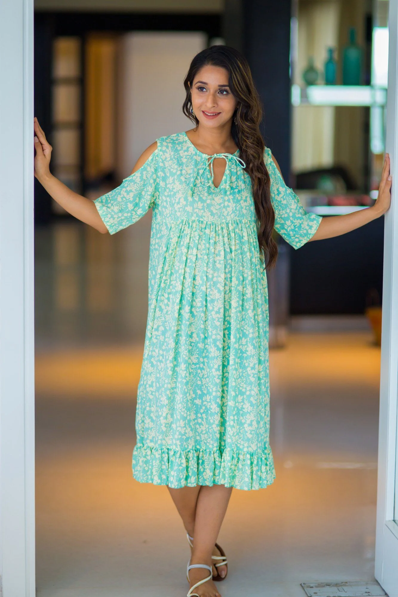 Mint Green Cold Shoulder Frill Maternity Dress - Chenance