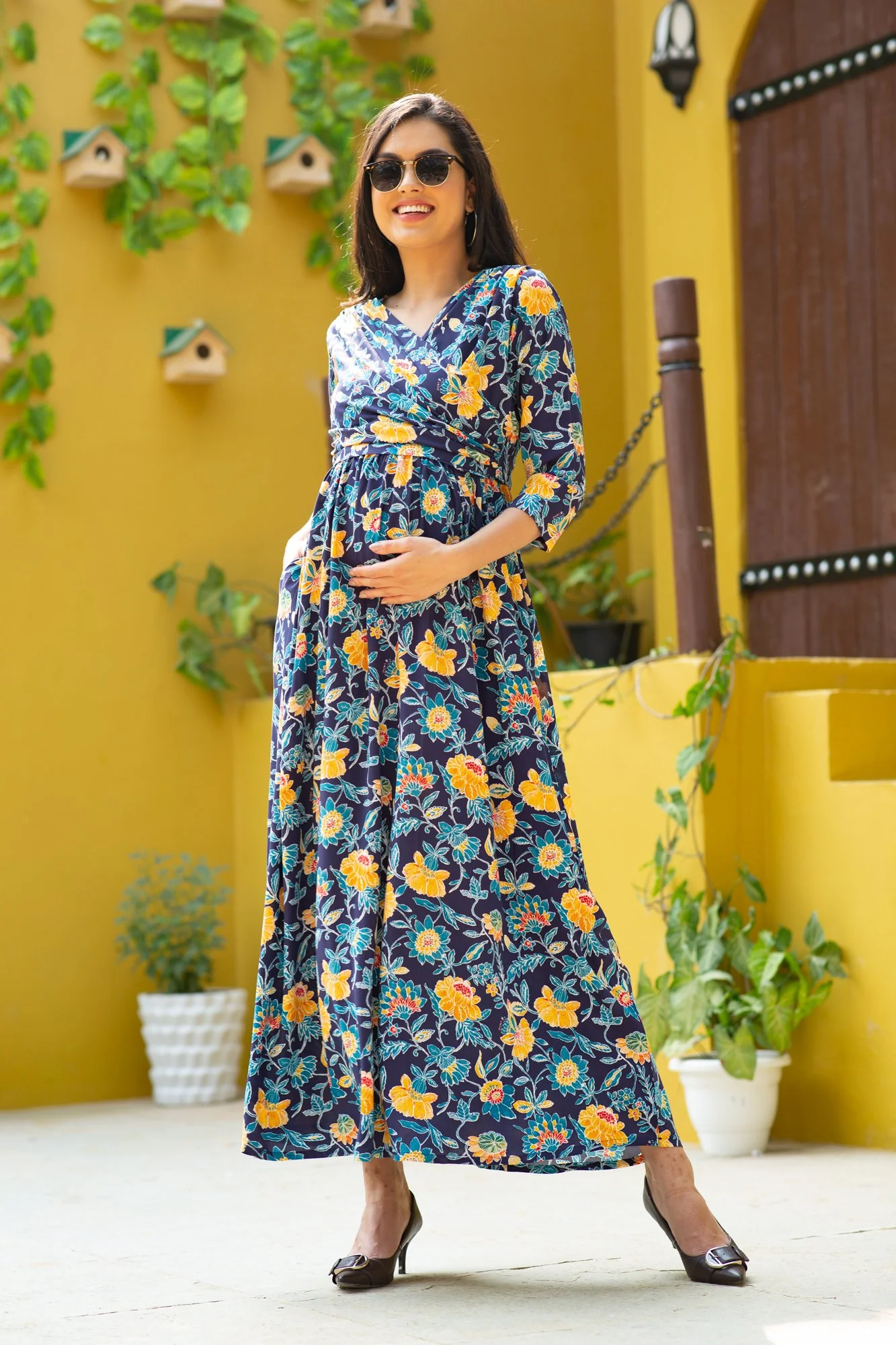 Navy Blossom Maternity & Nursing Wrap Dress - Chenance