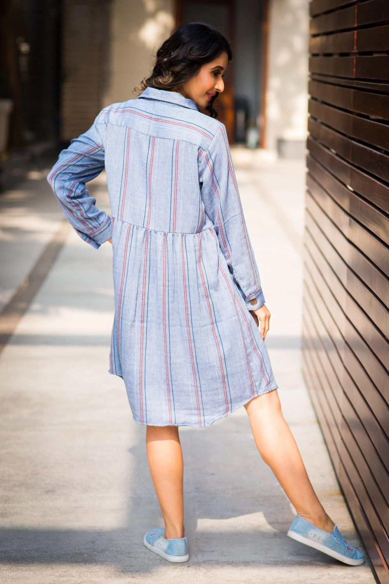 Gathered Denim Stripe Versatile Maternity & Nursing Shirt Dress - Chenance