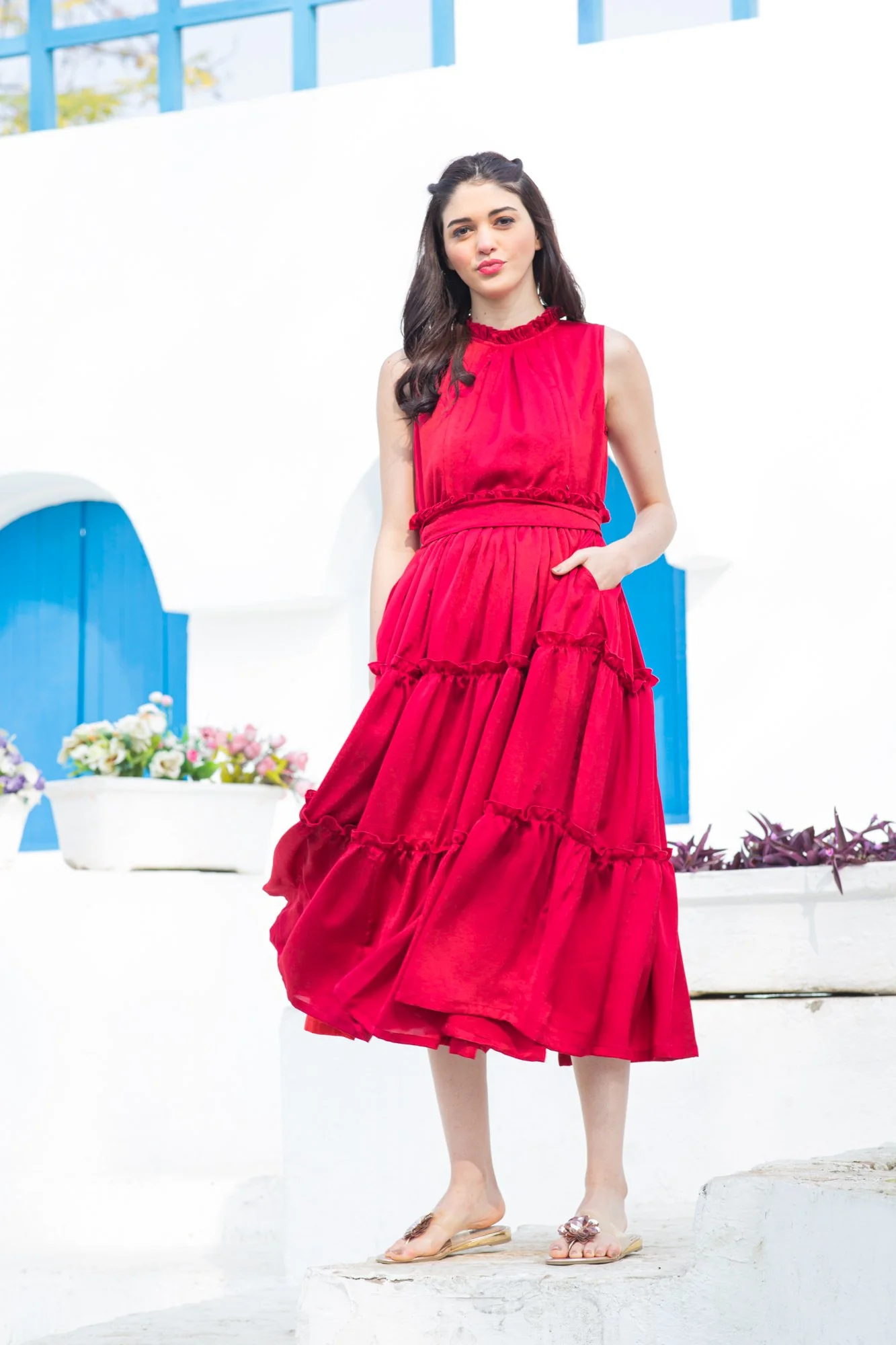 Hot Red Maternity & Nursing Concealed Zips Frill Dress - Chenance