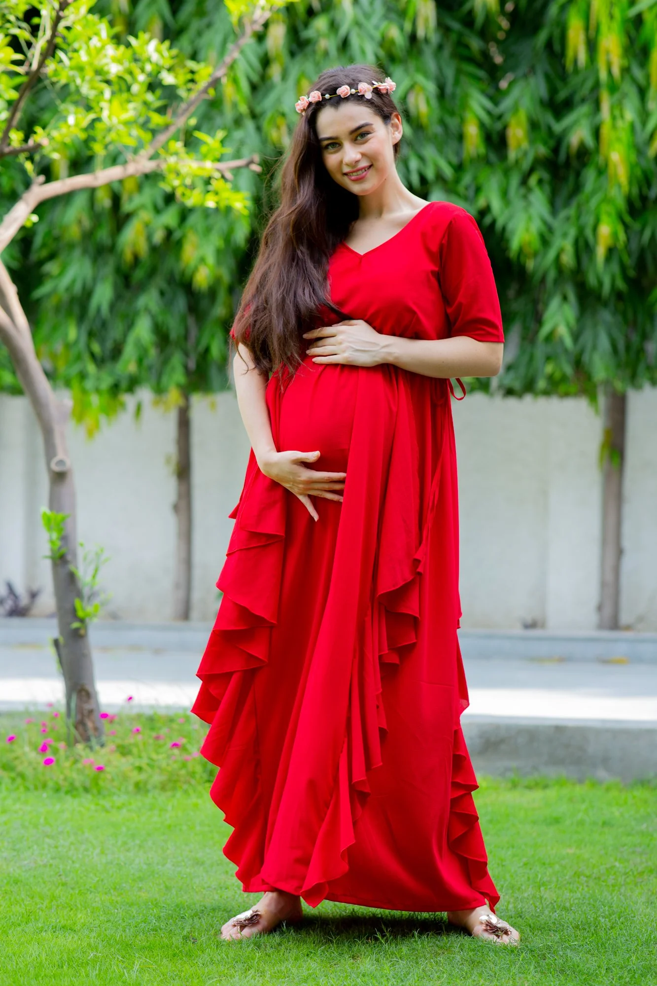 Red Bubble Satin Luxe Maternity Flow Dress - Chenance