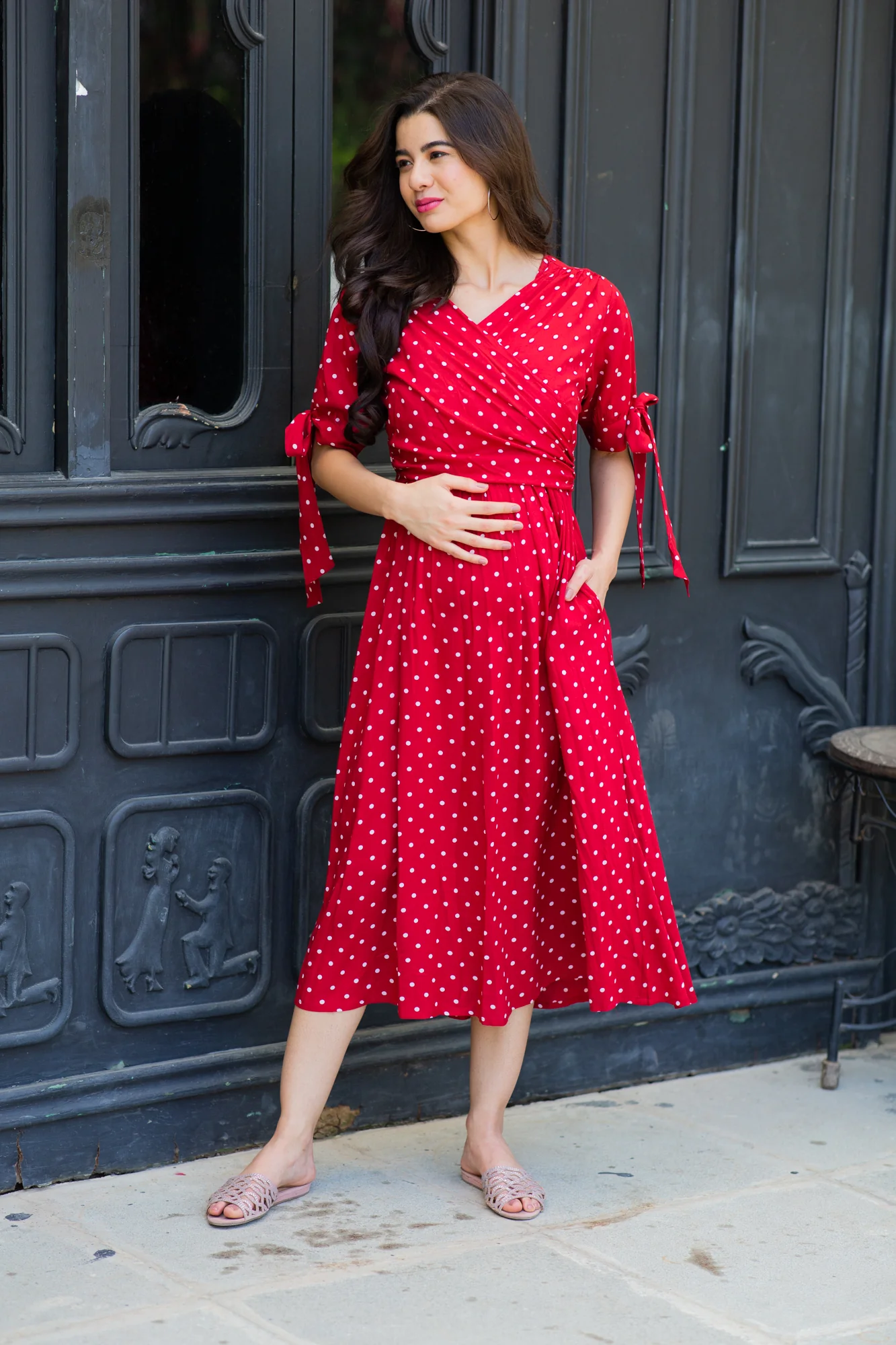 Paradise Cherry Dotted Maternity & Nursing Midi Wrap Dress - Chenance