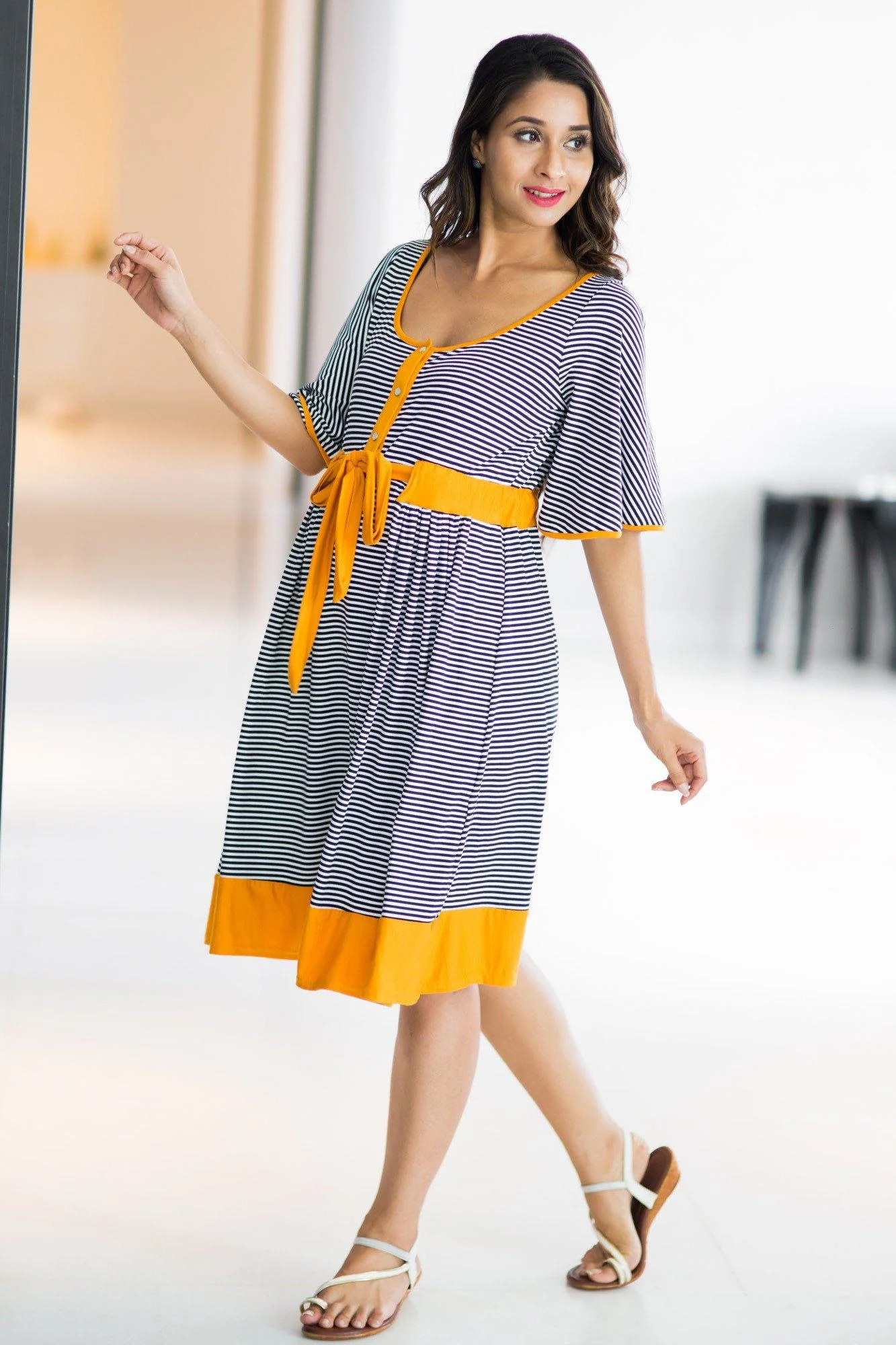 Mustard Striped Swing Maternity & Nursing Dress - Chenance