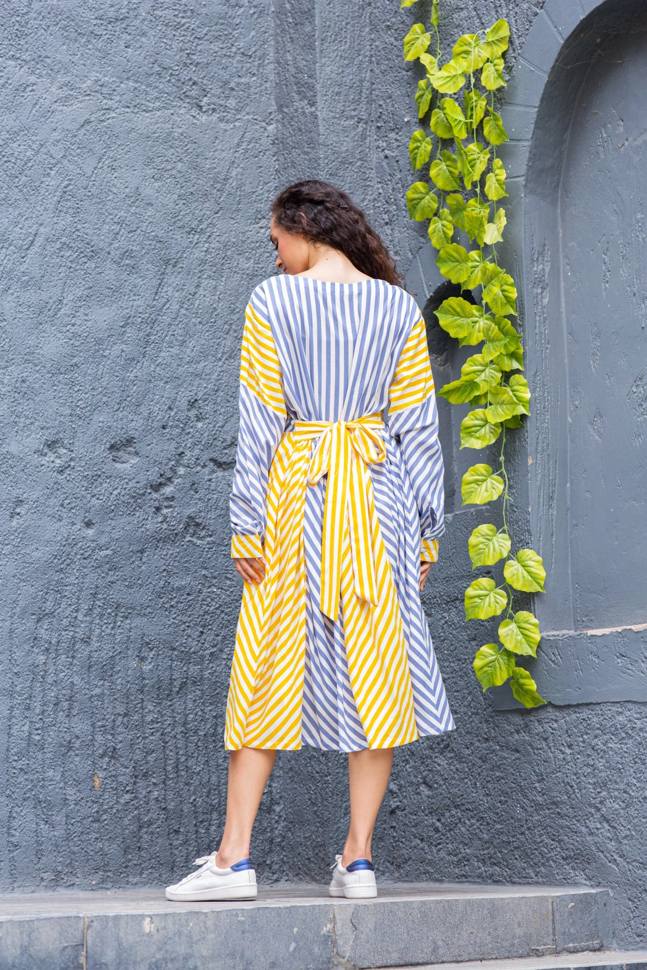 Slate Yellow Striped Maternity & Nursing Dress (100% Cotton) - Chenance