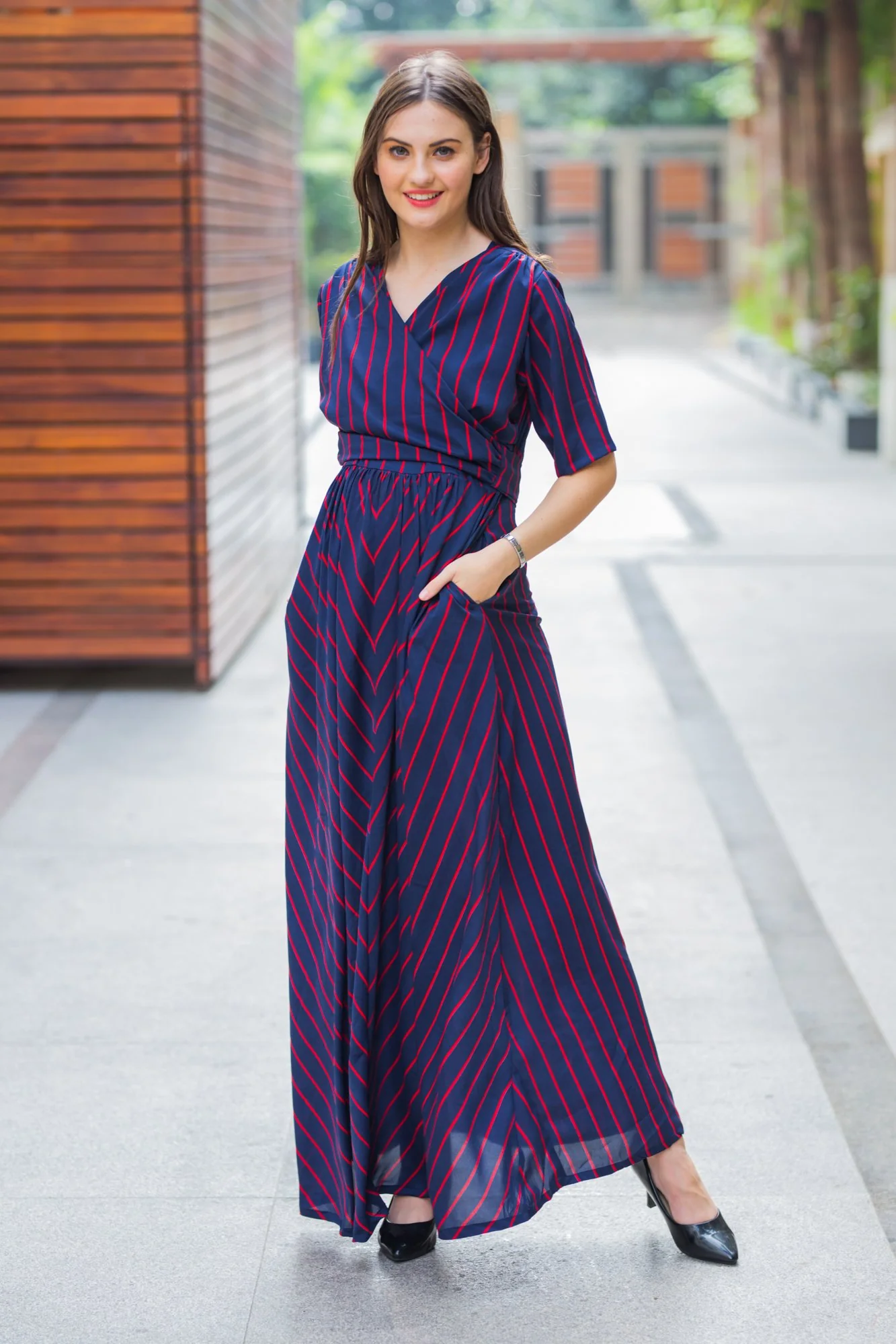 Era Navy Striped Maternity & Nursing Wrap Dress - Chenance