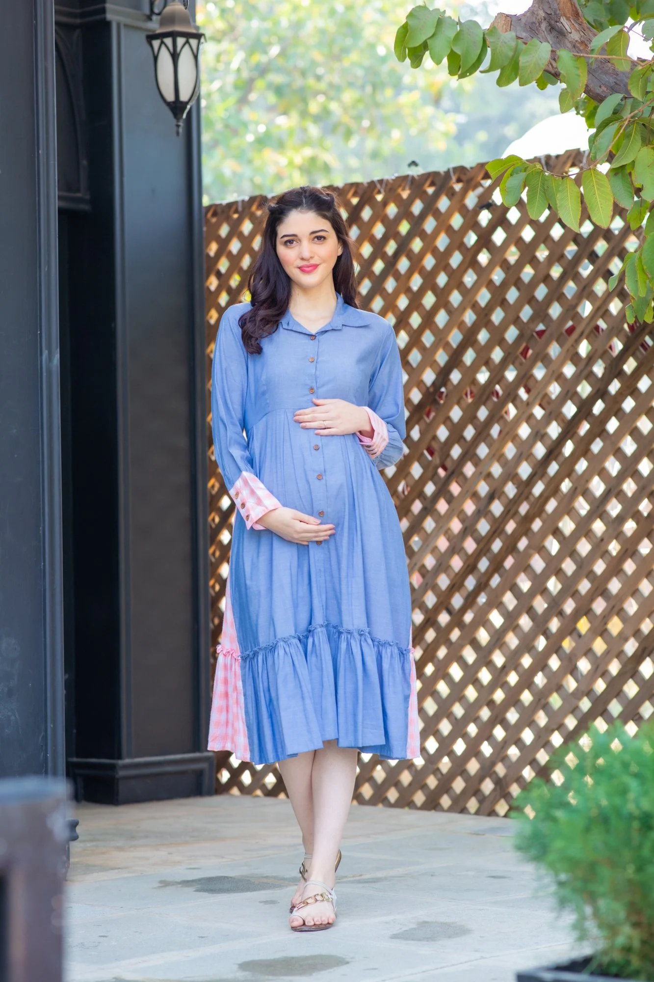 Blue Pink Cotton Maternity & Nursing Dress - Chenance