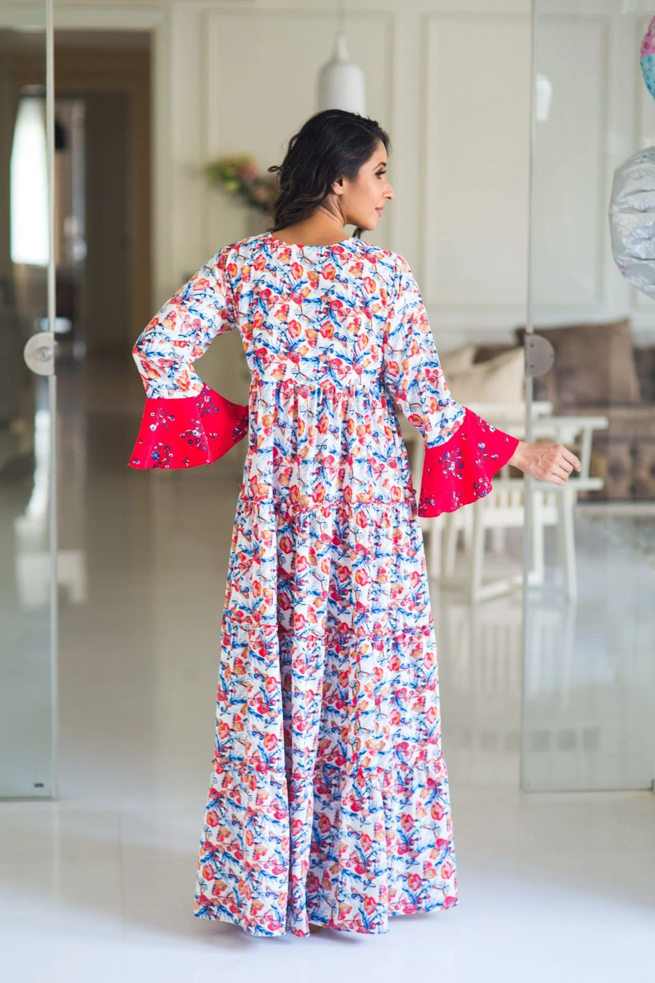 Multilayer White Boho Flowerbomb Single Zip Maternity & Nursing Dress - Chenance