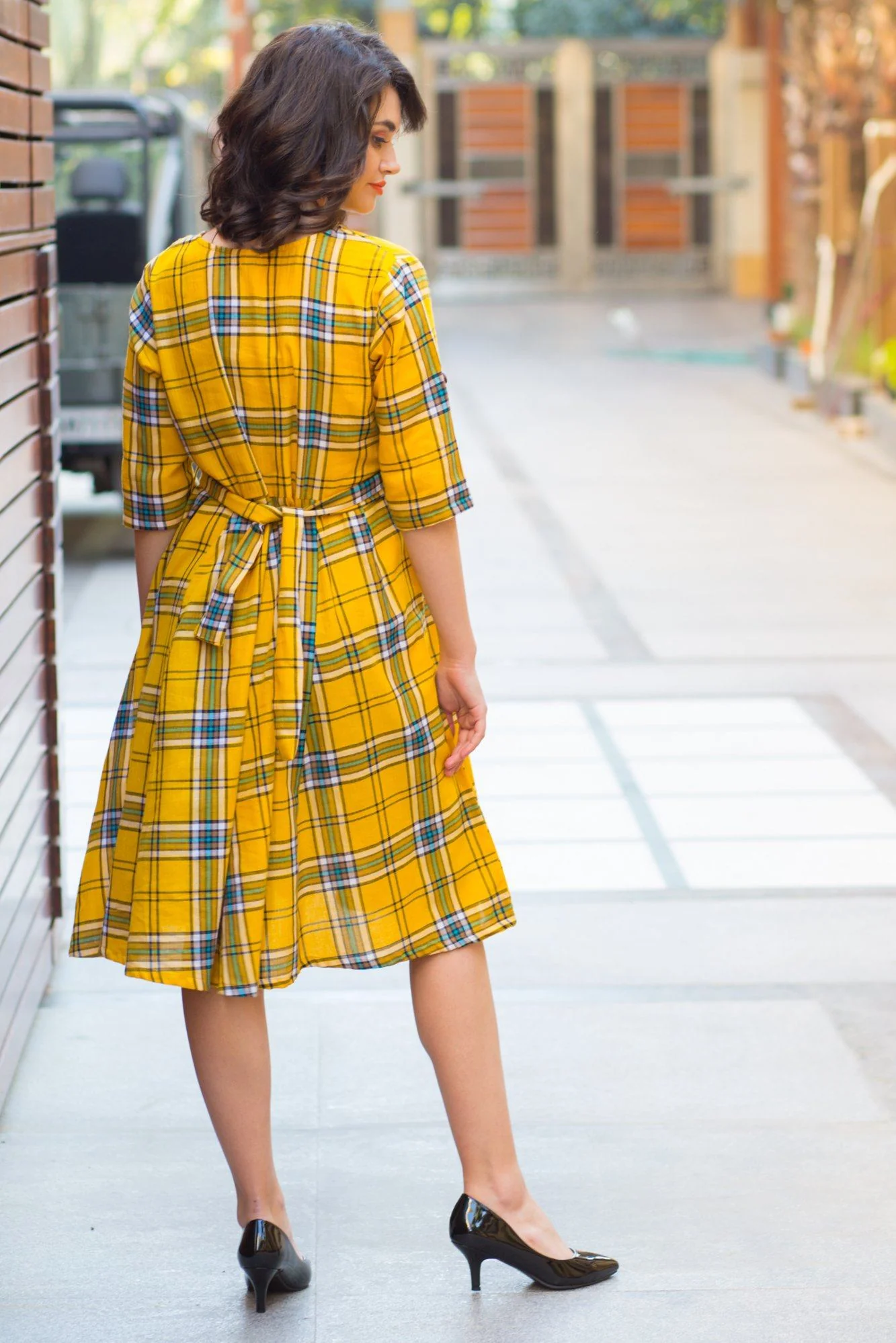 Spring Yellow Cotton Plaid Maternity & Nursing Dress - Chenance