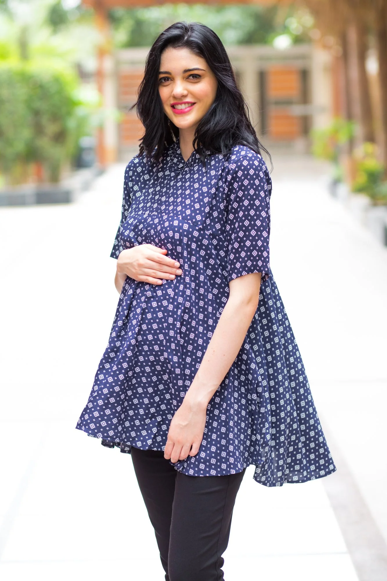 Navy Geo Flowing Maternity & Nursing Top - Chenance