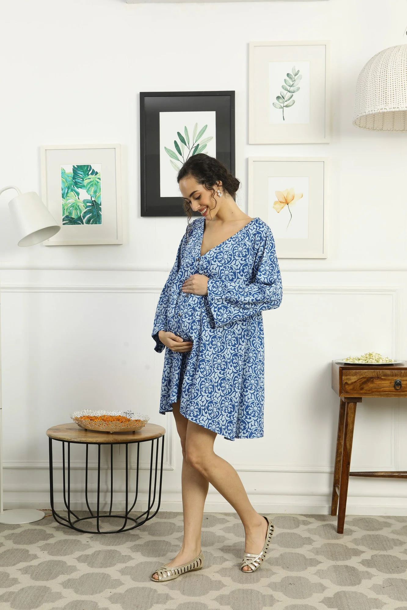 Breezy Intricate Blue Floral Maternity Knee Dress - Chenance