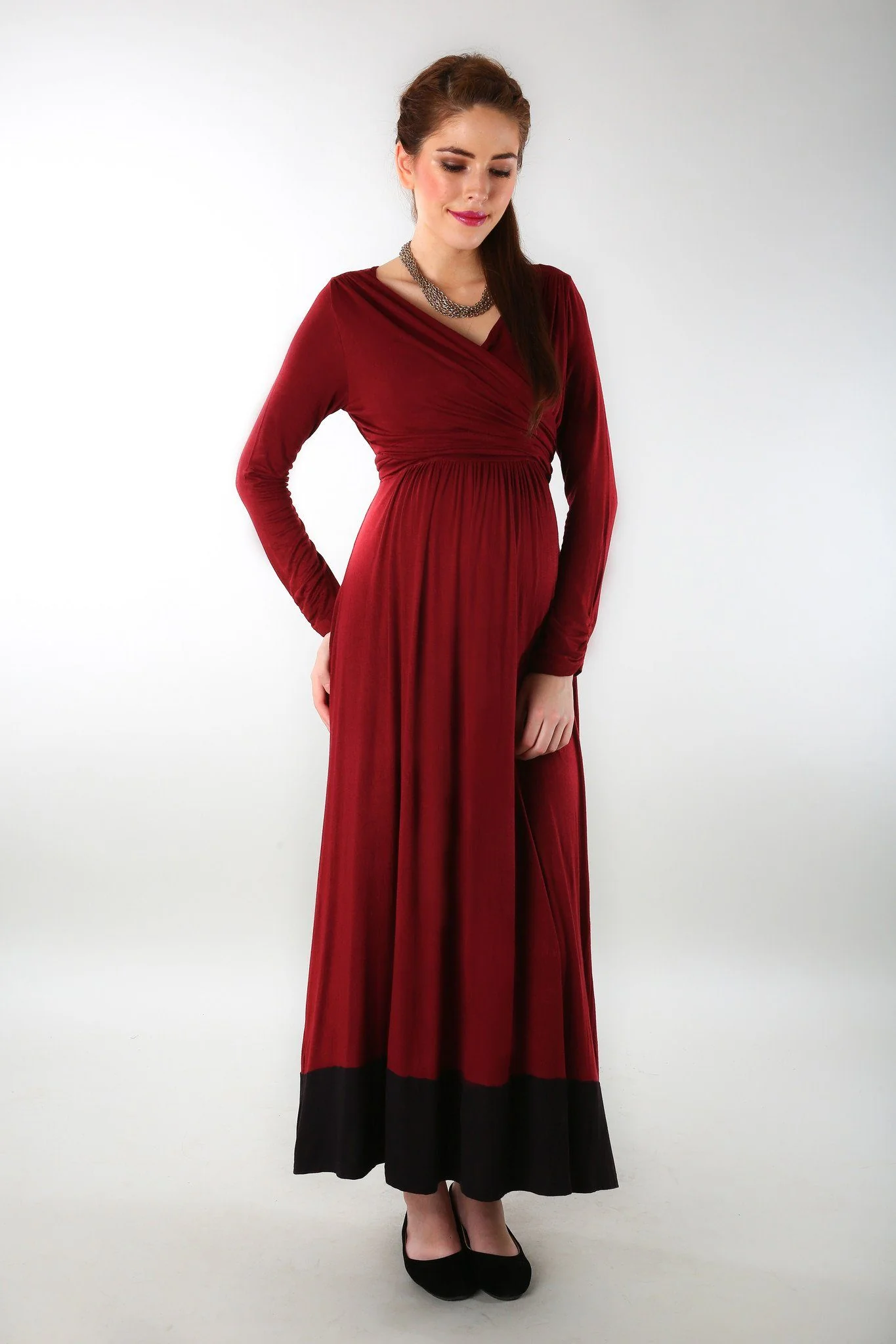 Elegant Wine Front Wrap Maternity Dress - Chenance