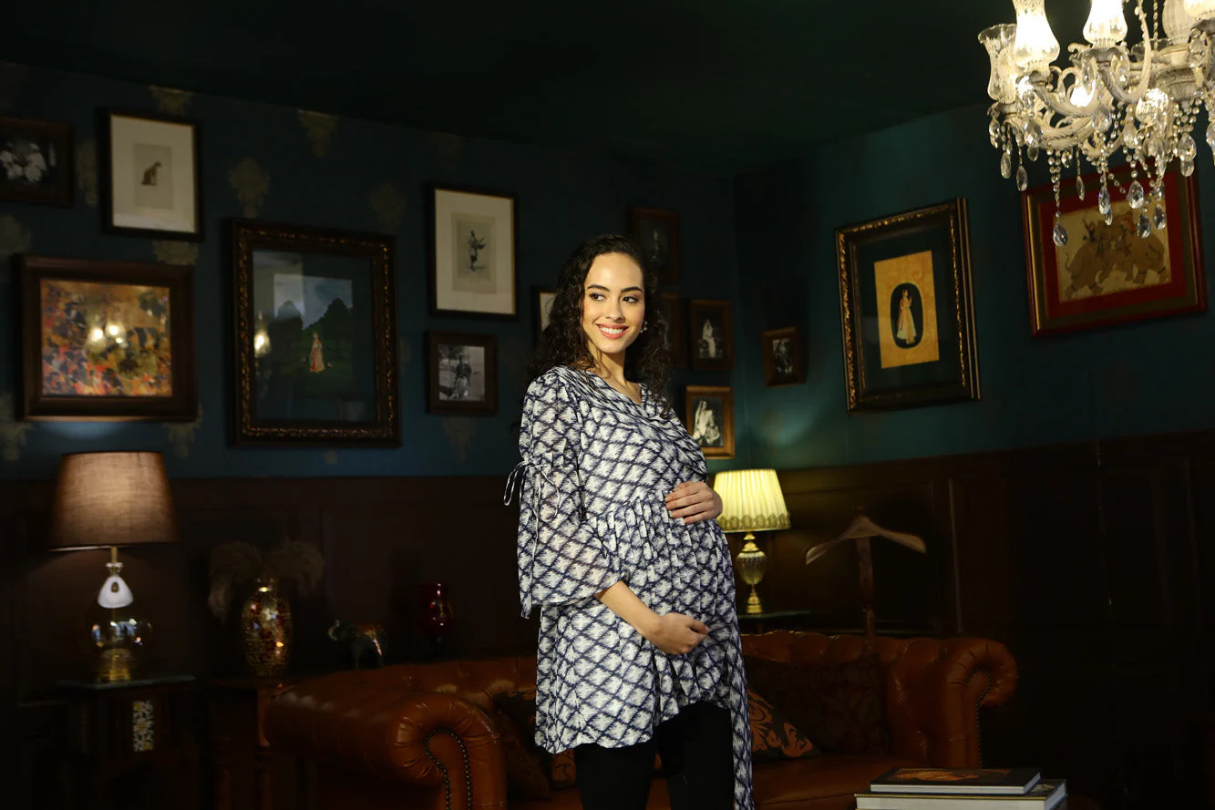 Luxe Ikkat Navy Blue Chiffon Gathered Maternity Top - Chenance